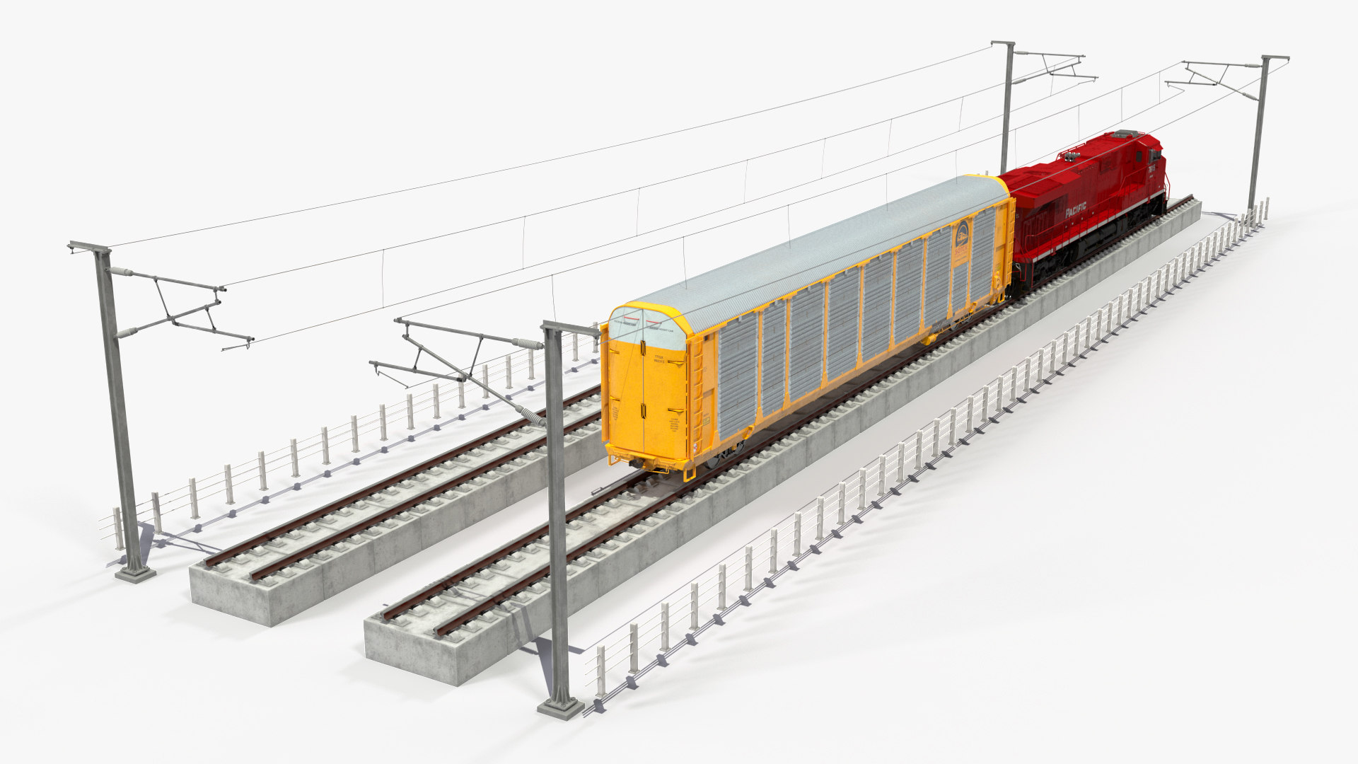 3D Freight Train with Autorack Train Car on Railway model
