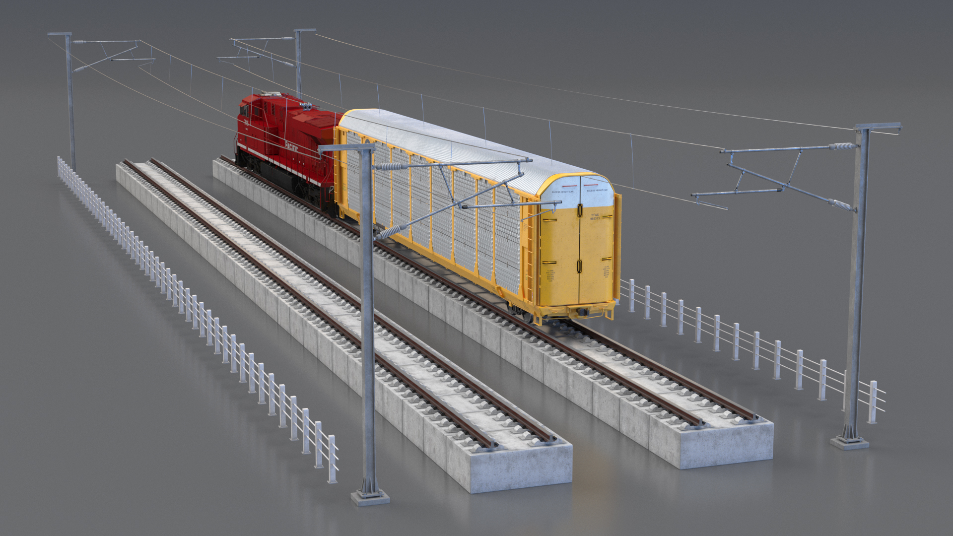 3D Freight Train with Autorack Train Car on Railway model
