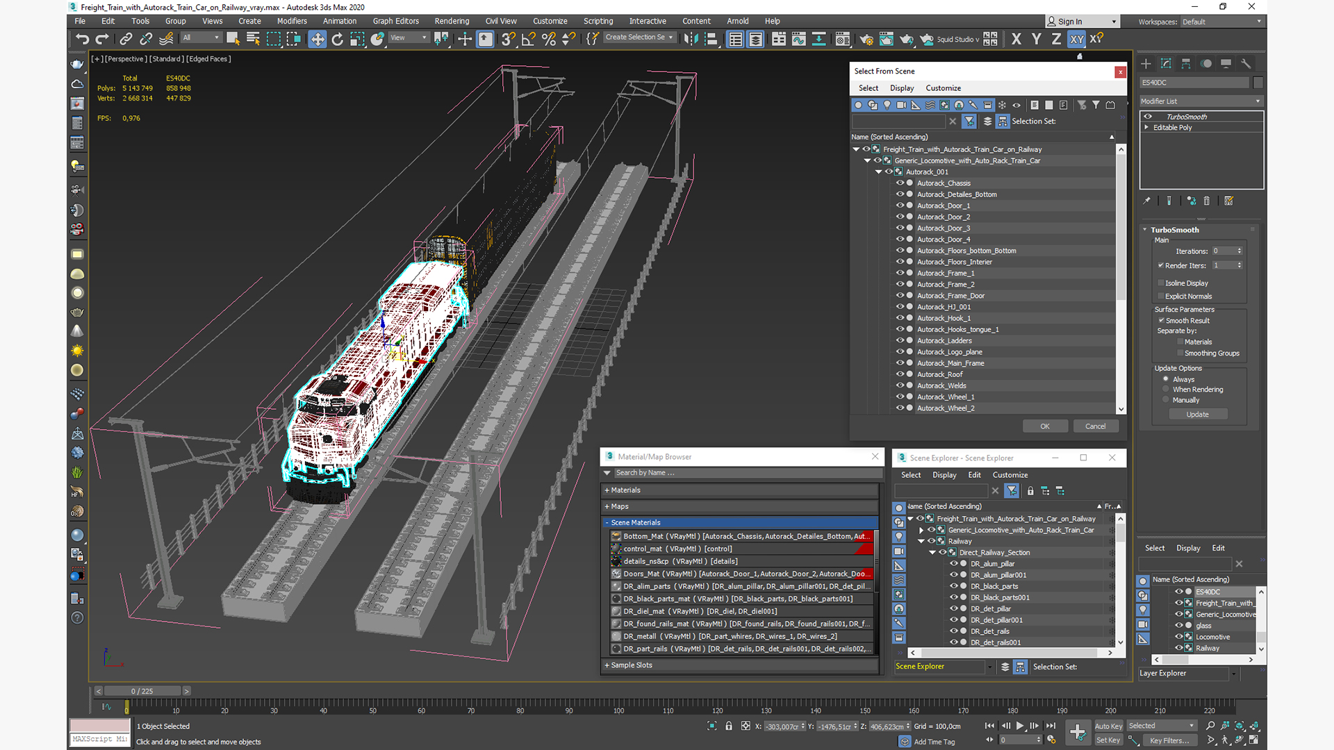 3D Freight Train with Autorack Train Car on Railway model