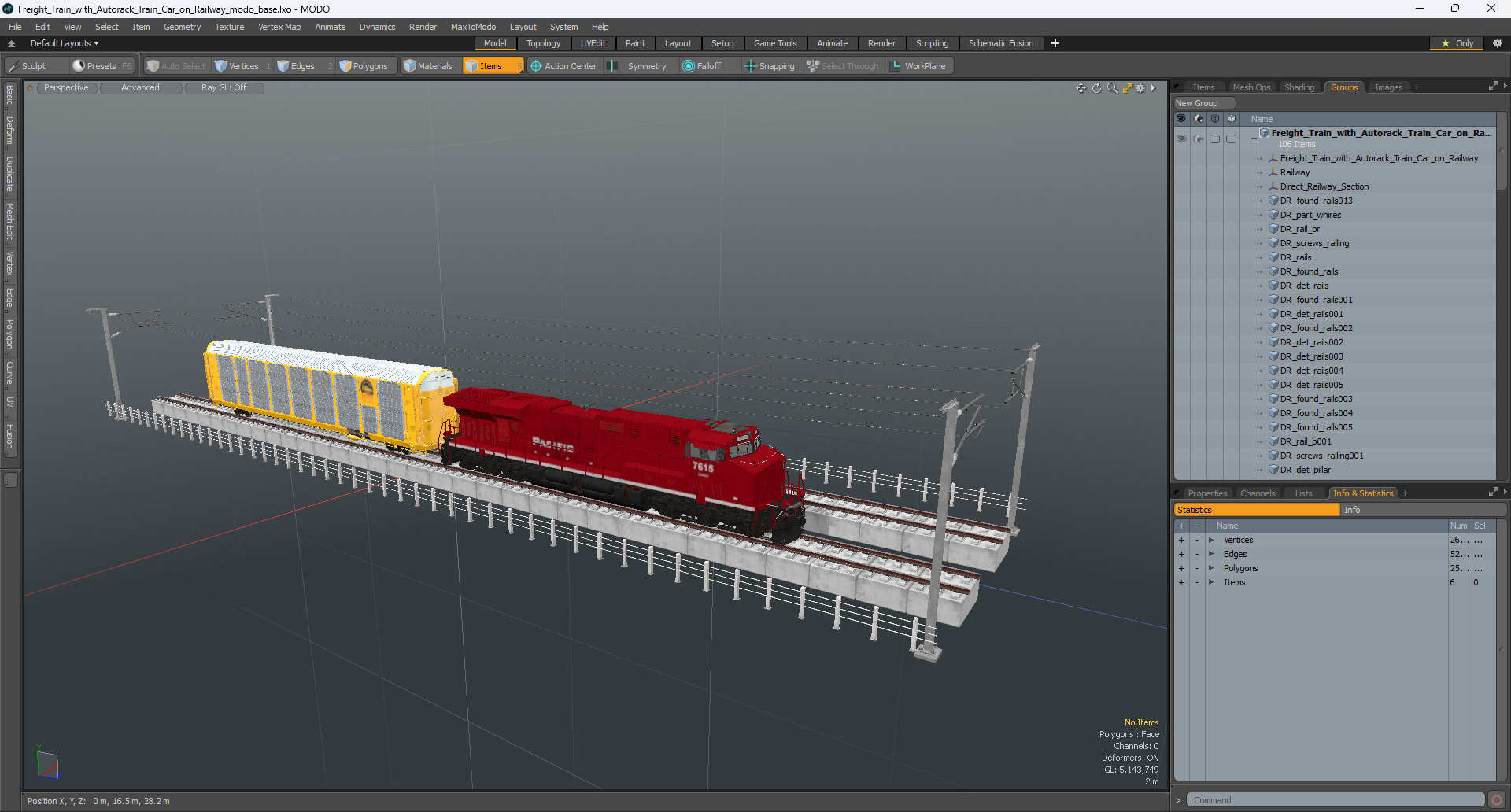 3D Freight Train with Autorack Train Car on Railway model