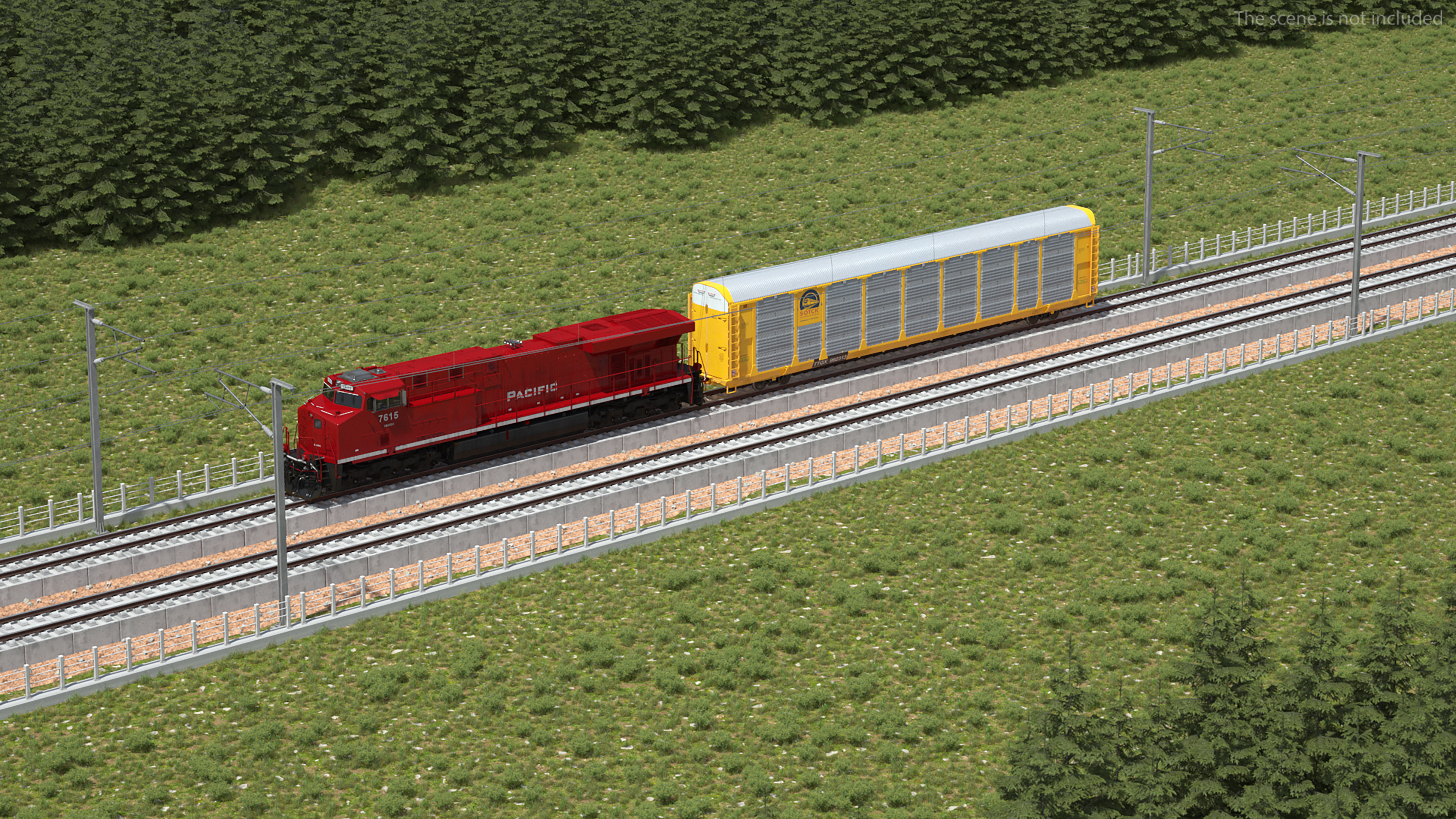 3D Freight Train with Autorack Train Car on Railway model