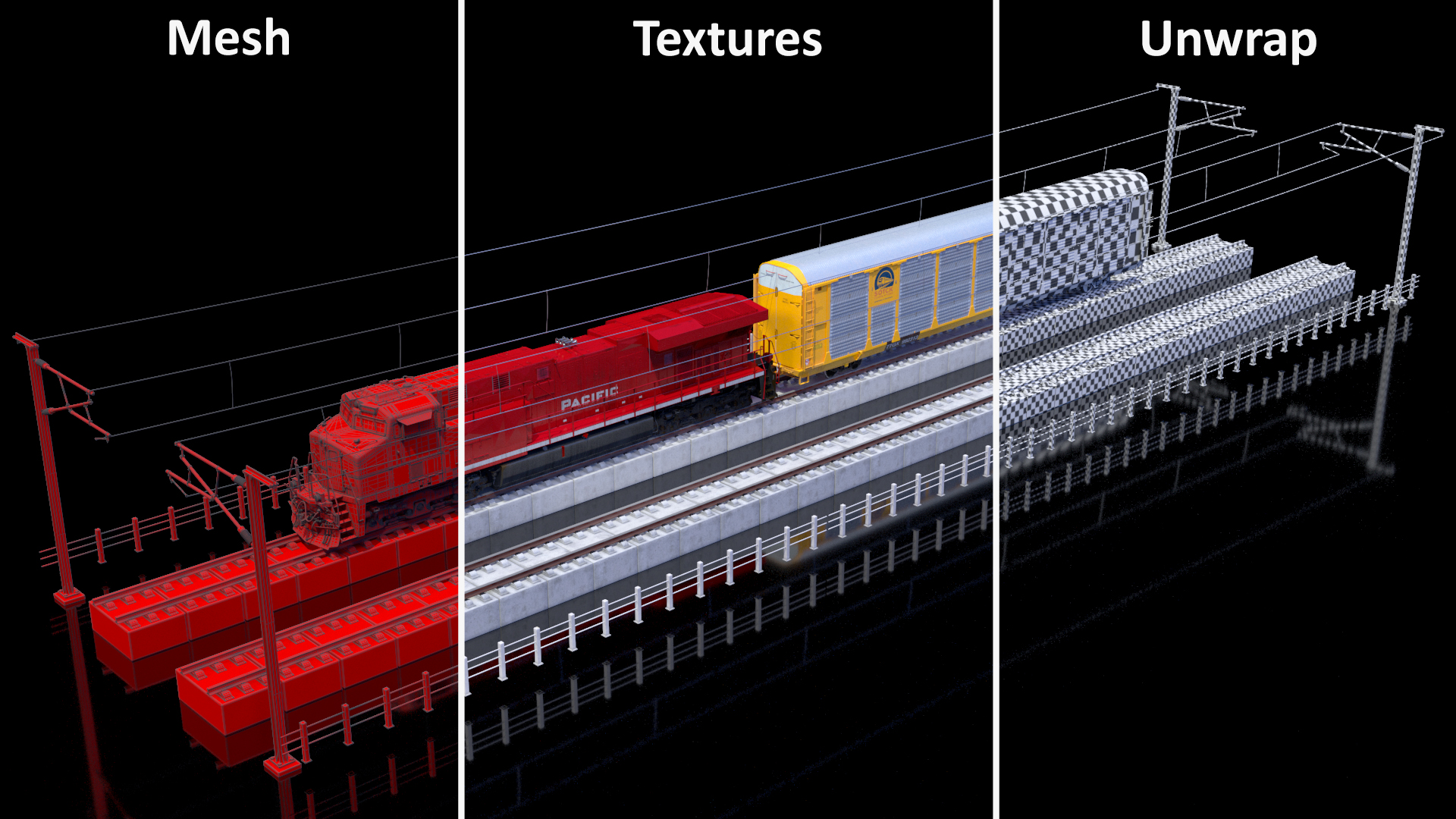 3D Freight Train with Autorack Train Car on Railway model