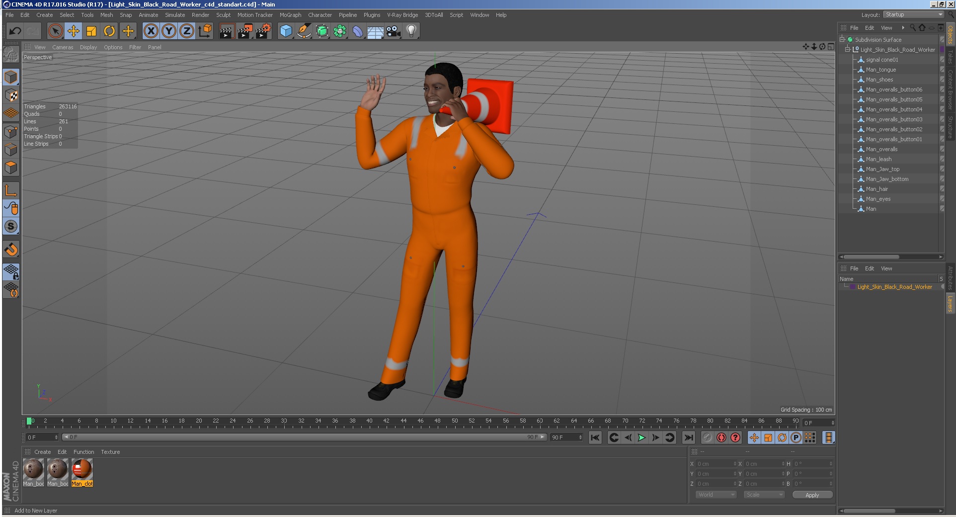 3D Light Skin Black Road Worker model