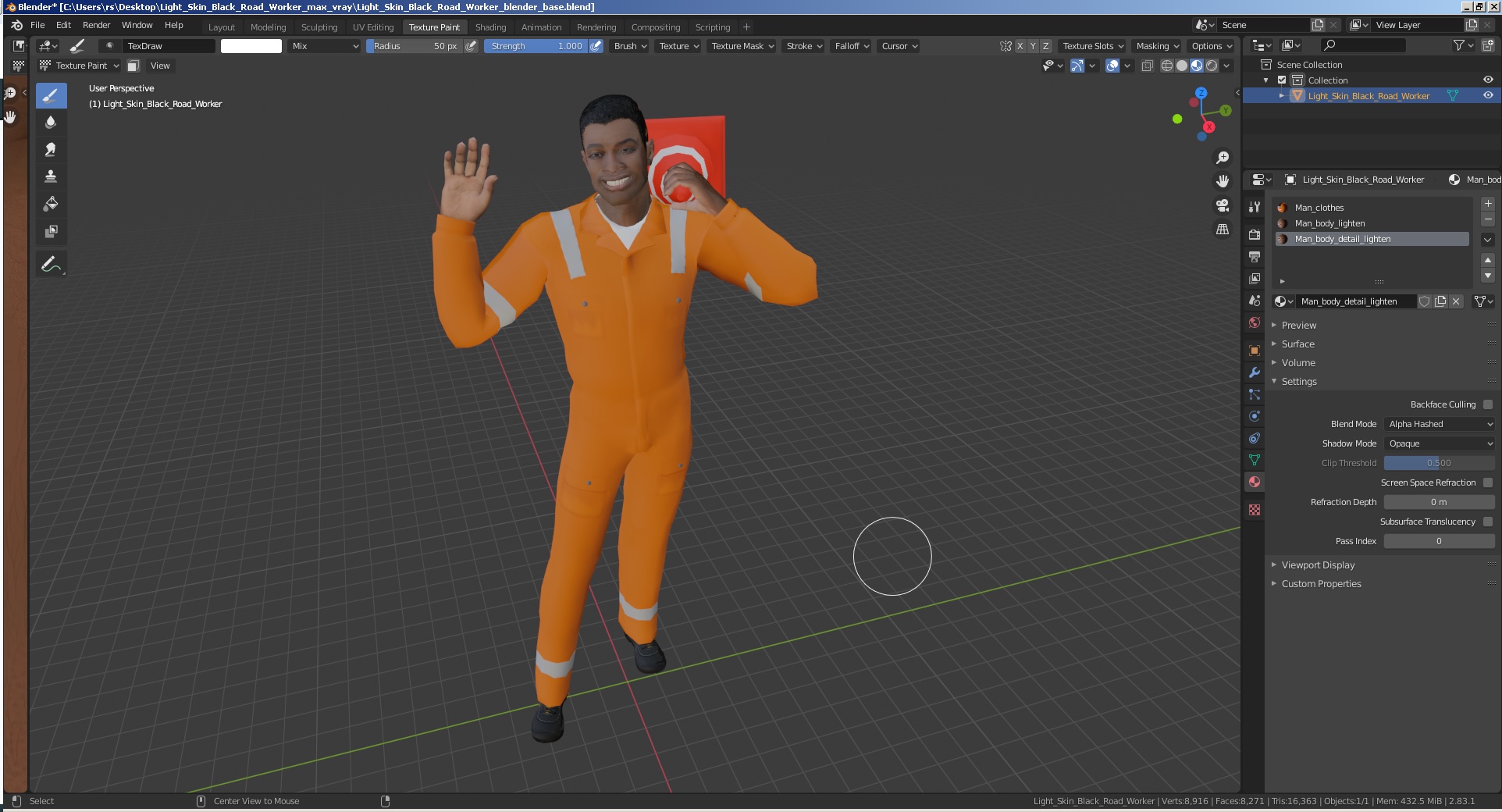 3D Light Skin Black Road Worker model