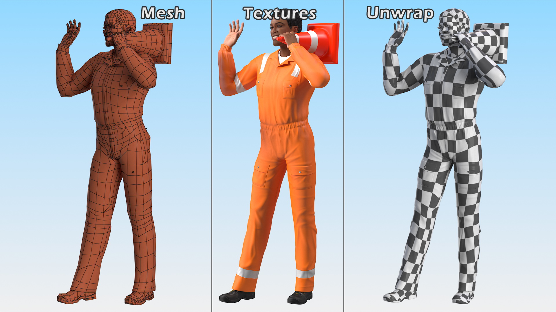 3D Light Skin Black Road Worker model