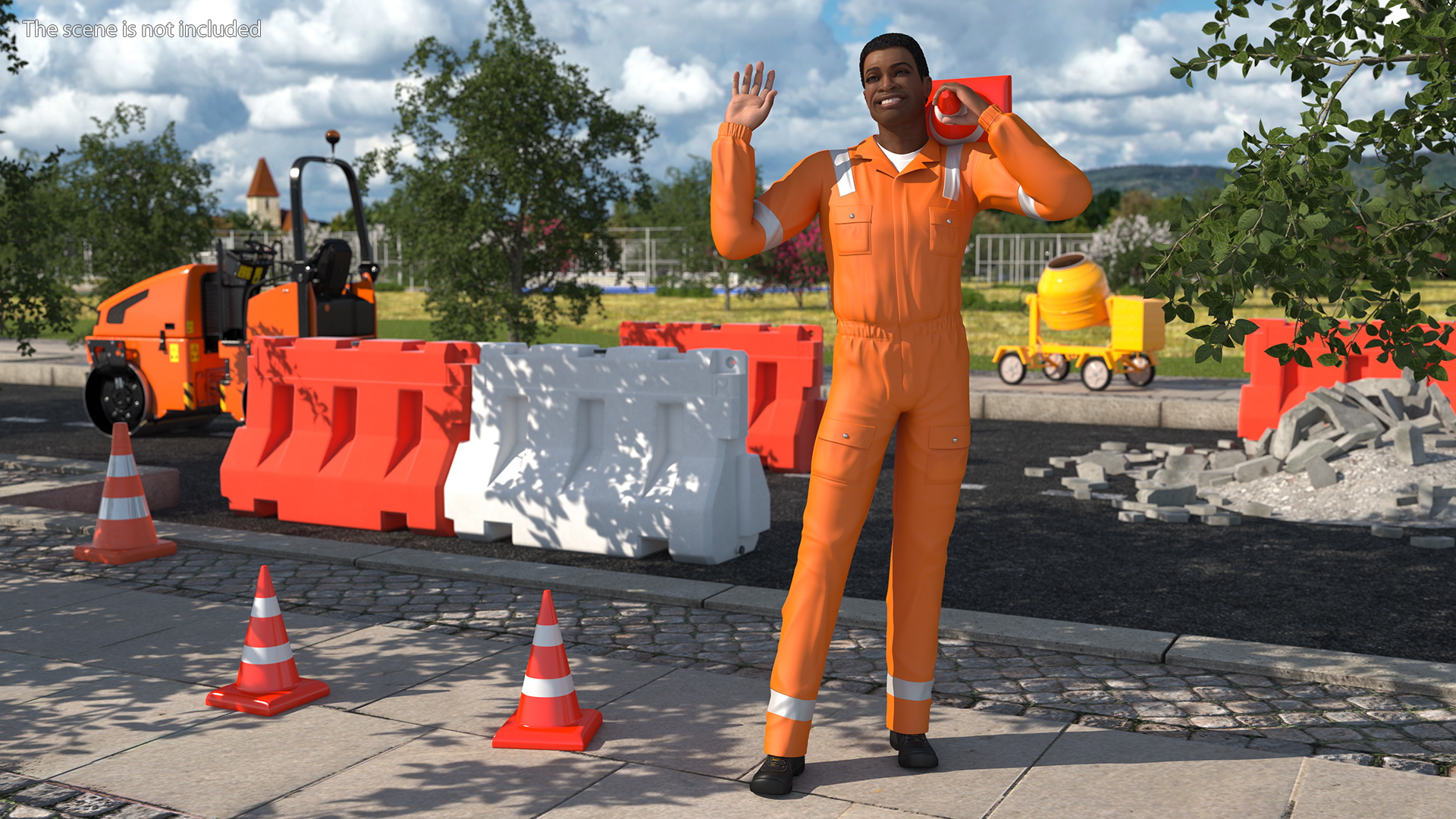 3D Light Skin Black Road Worker model