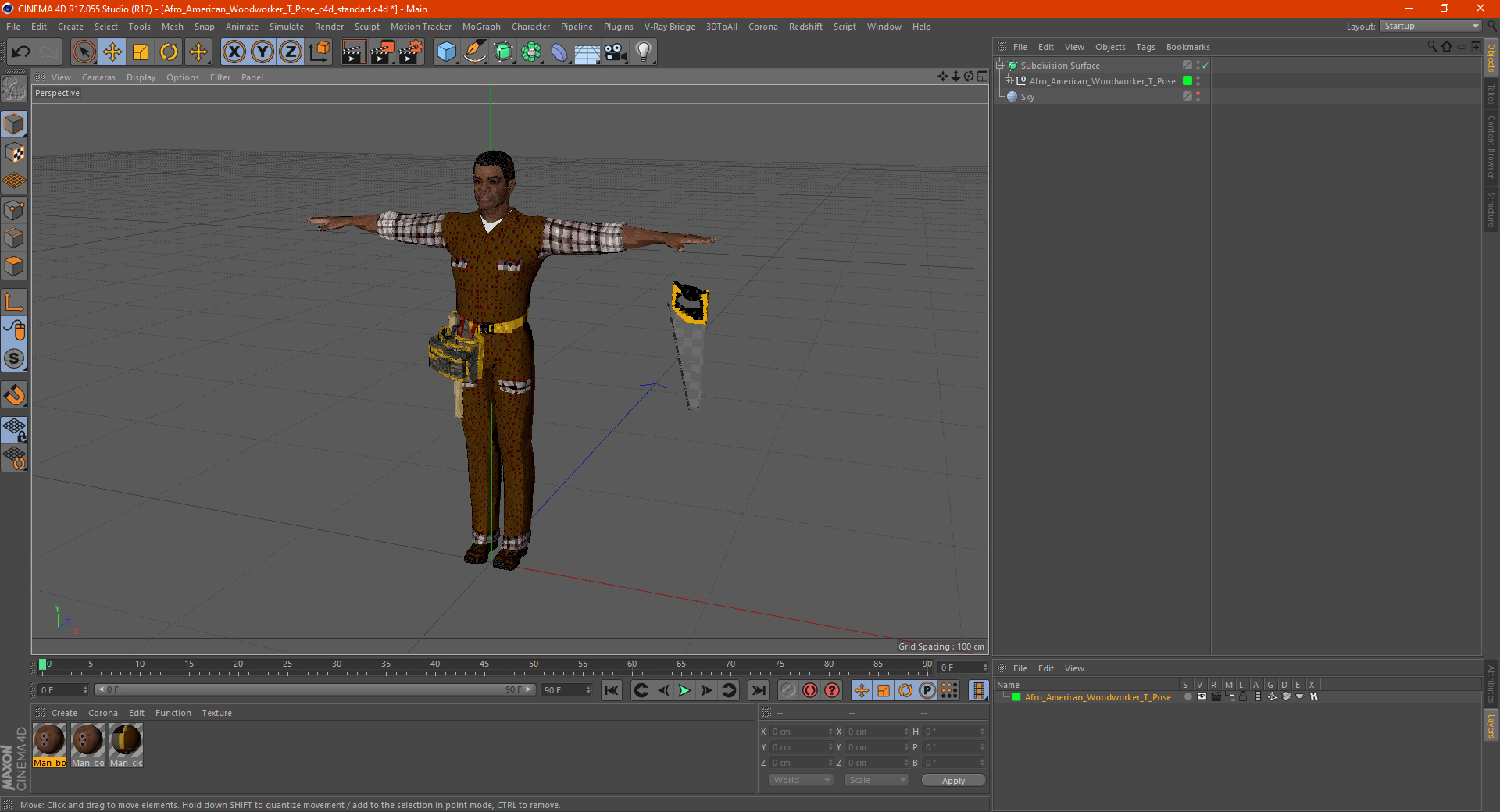 3D Afro American Woodworker T Pose