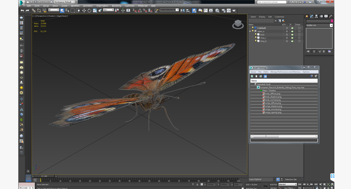 European Peacock Butterfly Sitting Pose 3D model