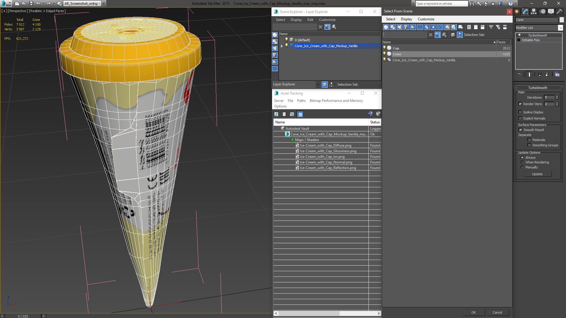 3D Cone Ice Cream with Cap Mockup Vanilla model