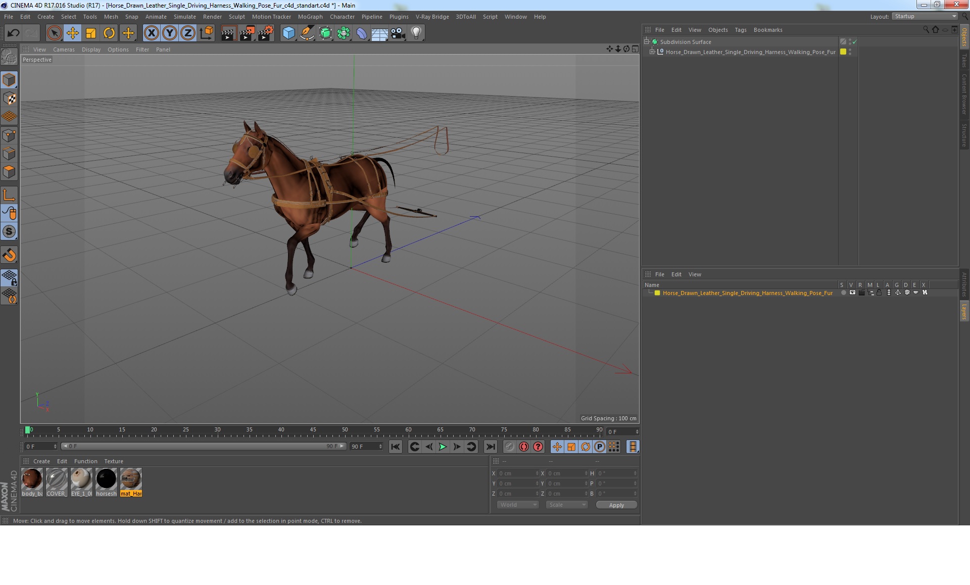 Horse Drawn Leather Single Driving Harness Walking Pose Fur 3D model
