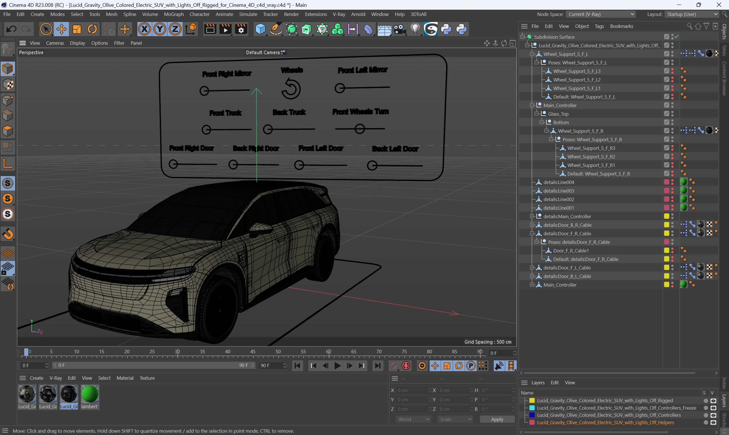 Lucid Gravity Olive Colored Electric SUV with Lights Off Rigged for Cinema 4D 3D
