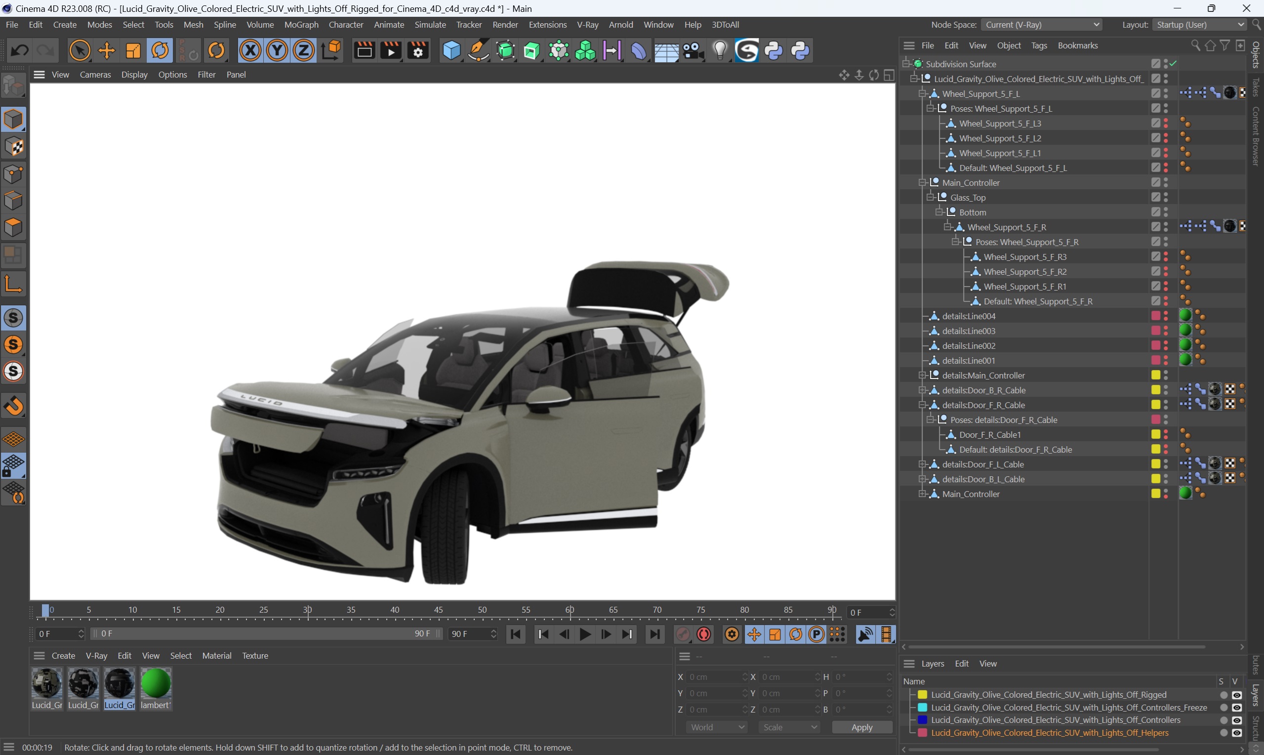 Lucid Gravity Olive Colored Electric SUV with Lights Off Rigged for Cinema 4D 3D
