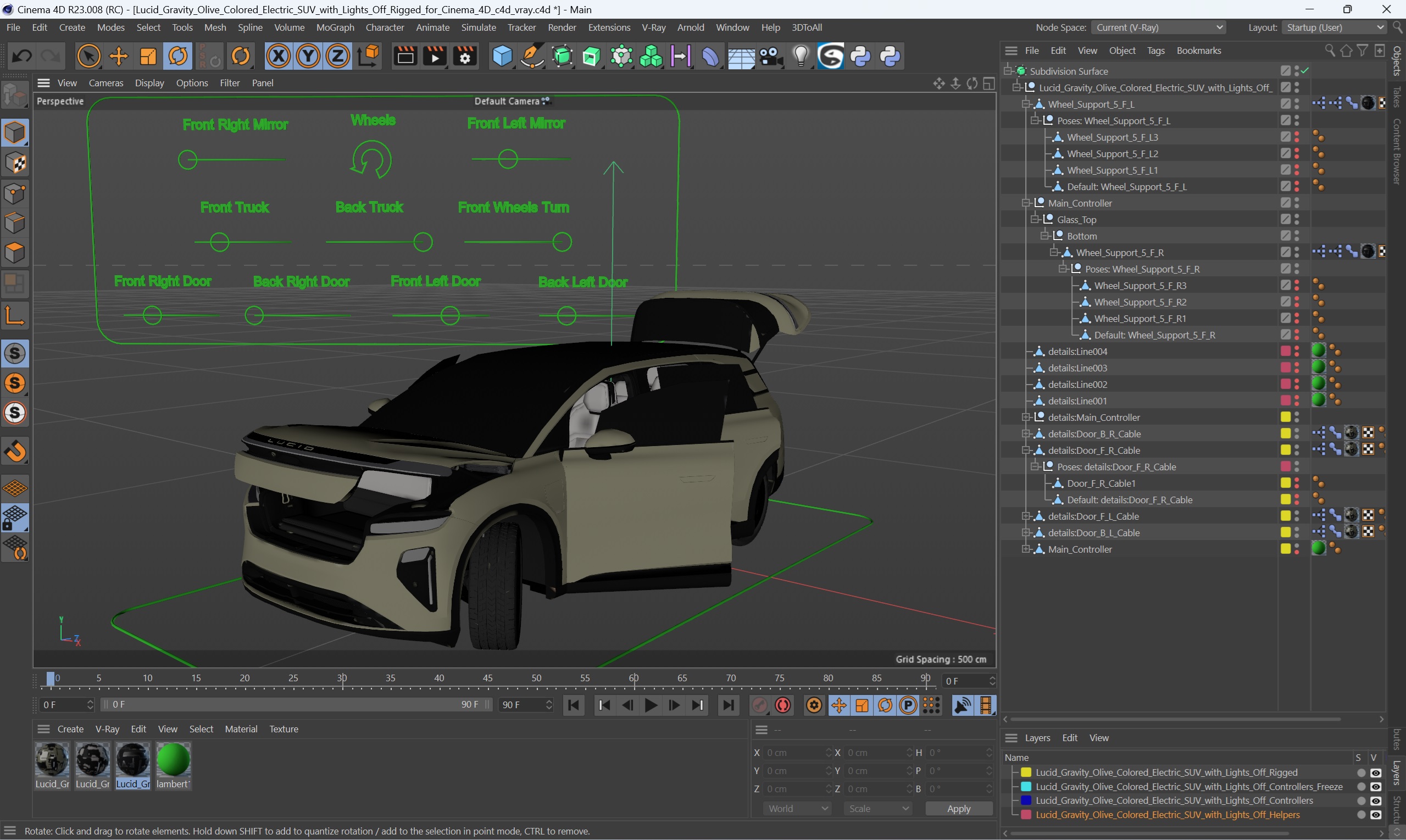 Lucid Gravity Olive Colored Electric SUV with Lights Off Rigged for Cinema 4D 3D