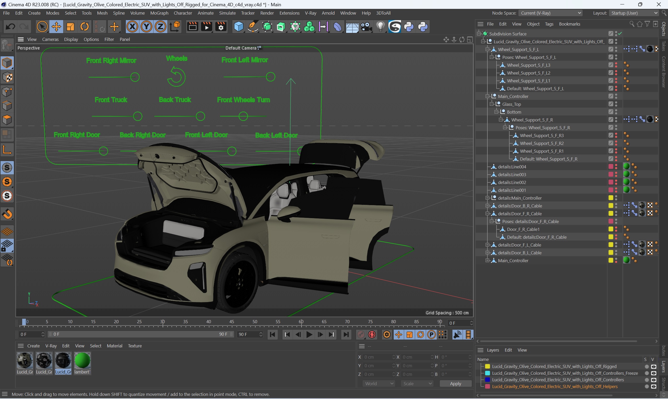 Lucid Gravity Olive Colored Electric SUV with Lights Off Rigged for Cinema 4D 3D