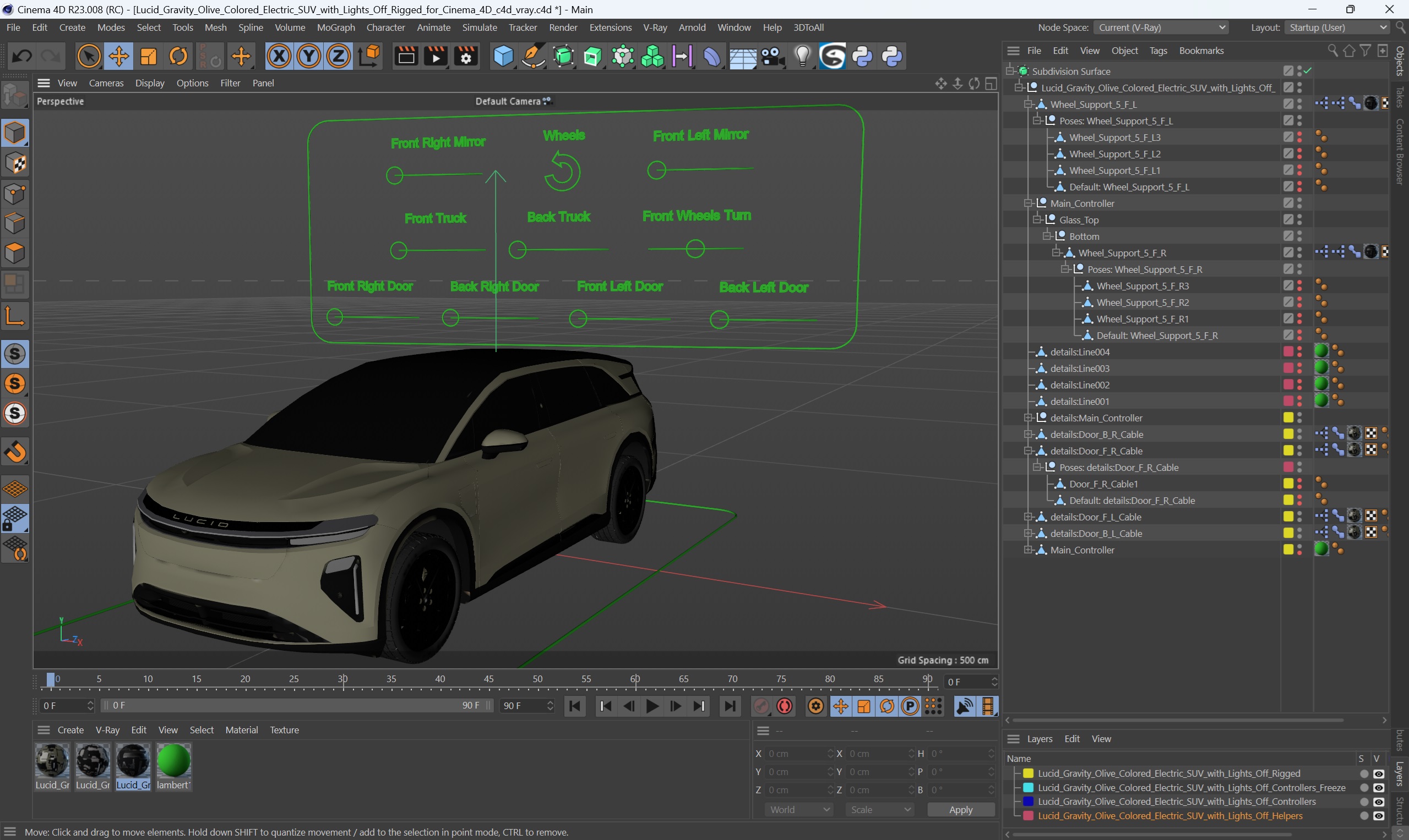 Lucid Gravity Olive Colored Electric SUV with Lights Off Rigged for Cinema 4D 3D