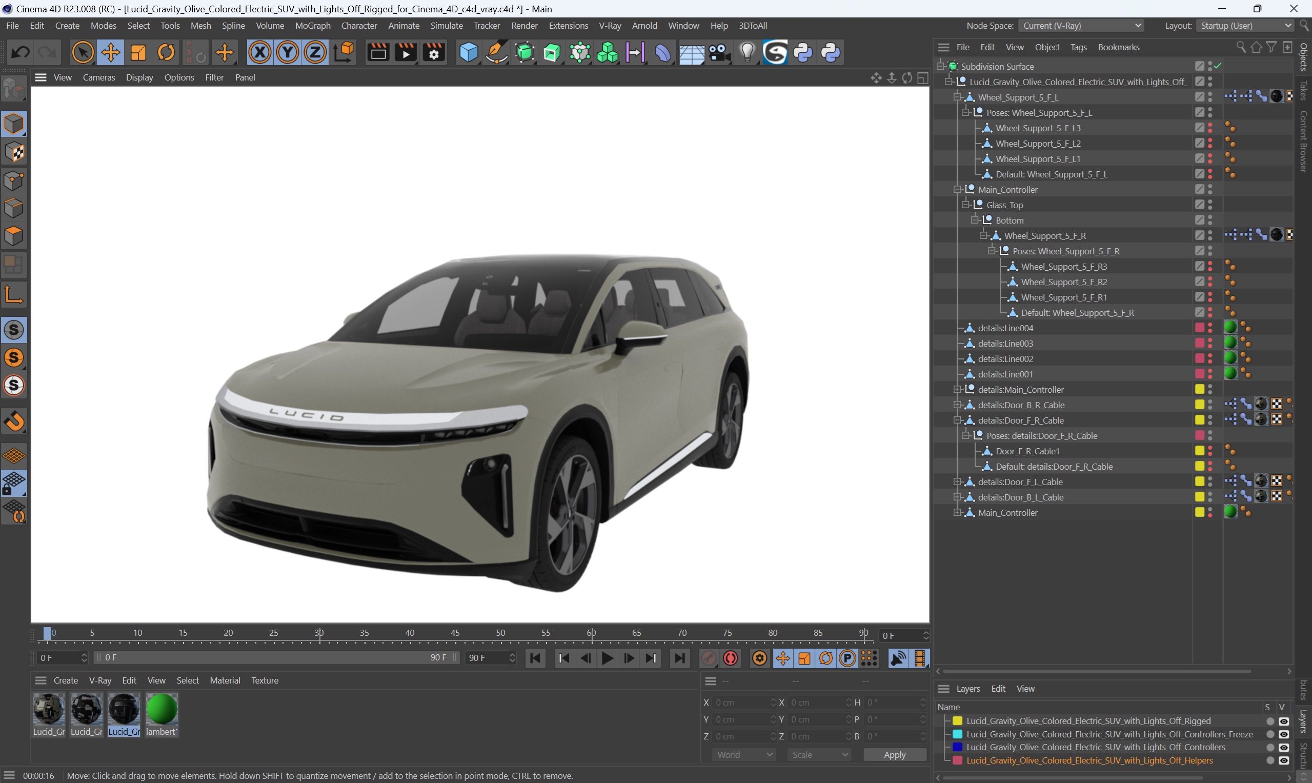 Lucid Gravity Olive Colored Electric SUV with Lights Off Rigged for Cinema 4D 3D