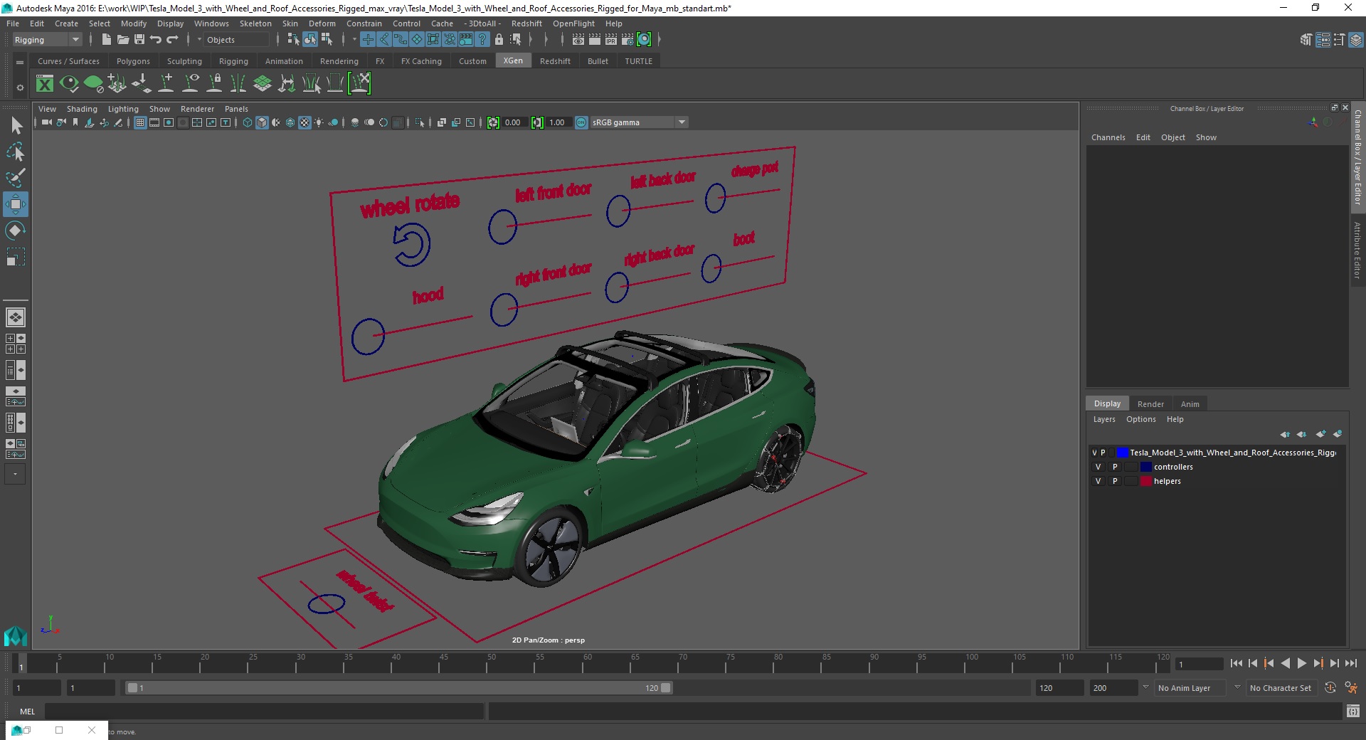 3D Tesla Model 3 with Wheel and Roof Accessories Rigged for Maya