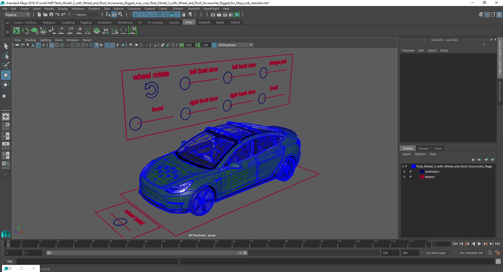 3D Tesla Model 3 with Wheel and Roof Accessories Rigged for Maya