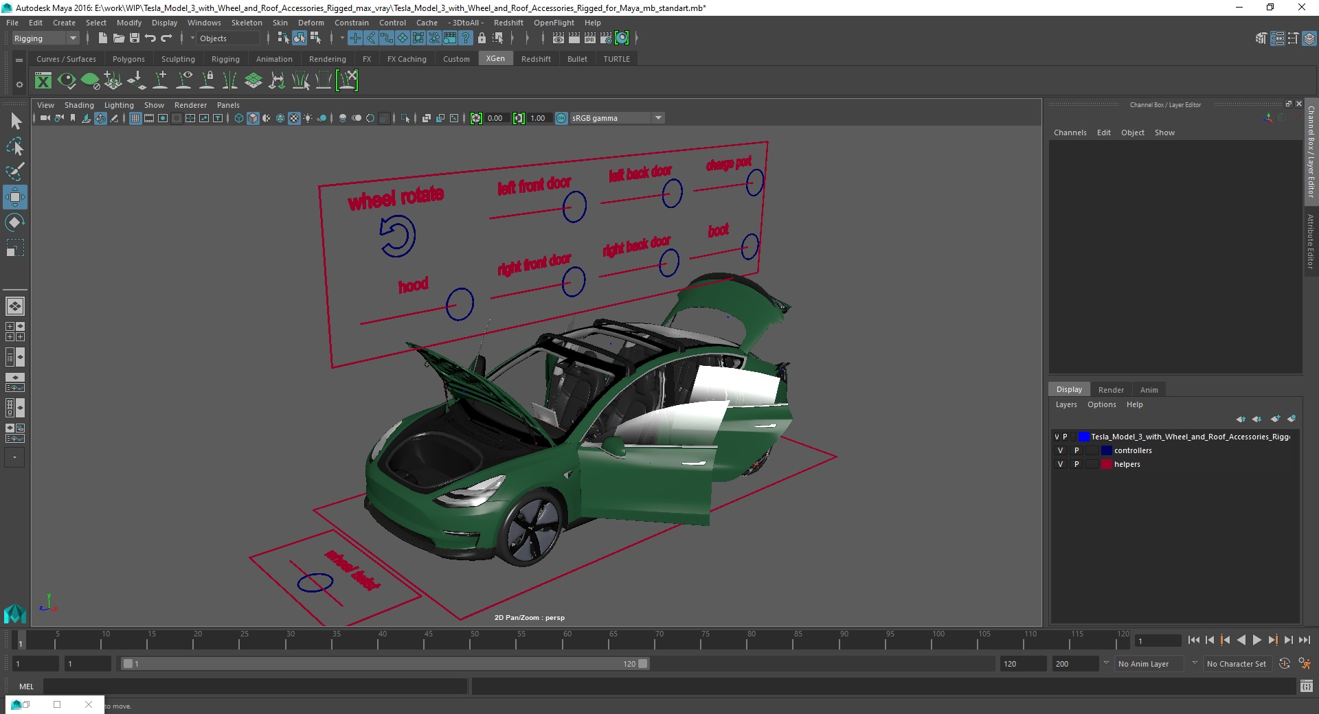 3D Tesla Model 3 with Wheel and Roof Accessories Rigged for Maya