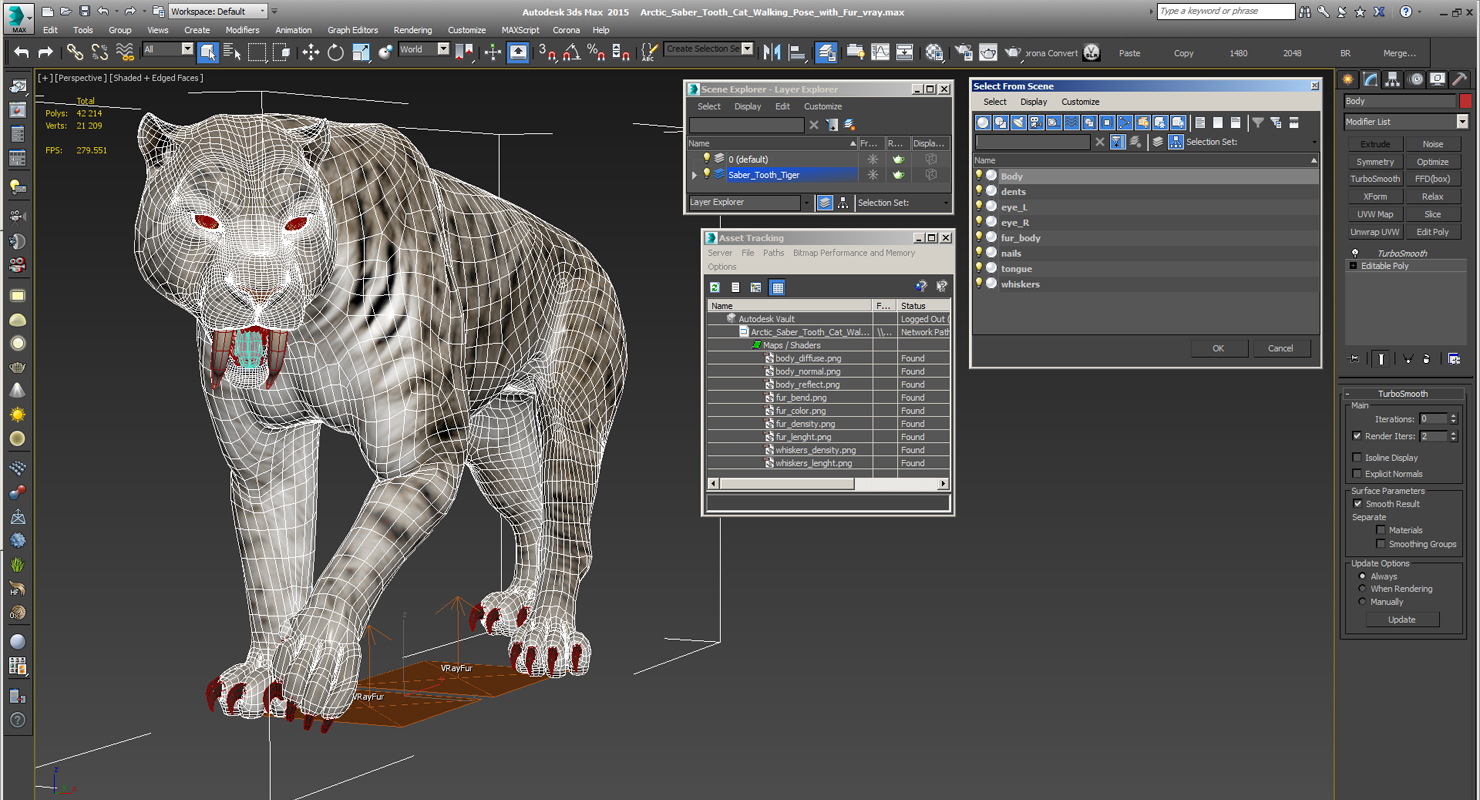 Arctic Saber Tooth Cat Walking Pose with Fur 3D model