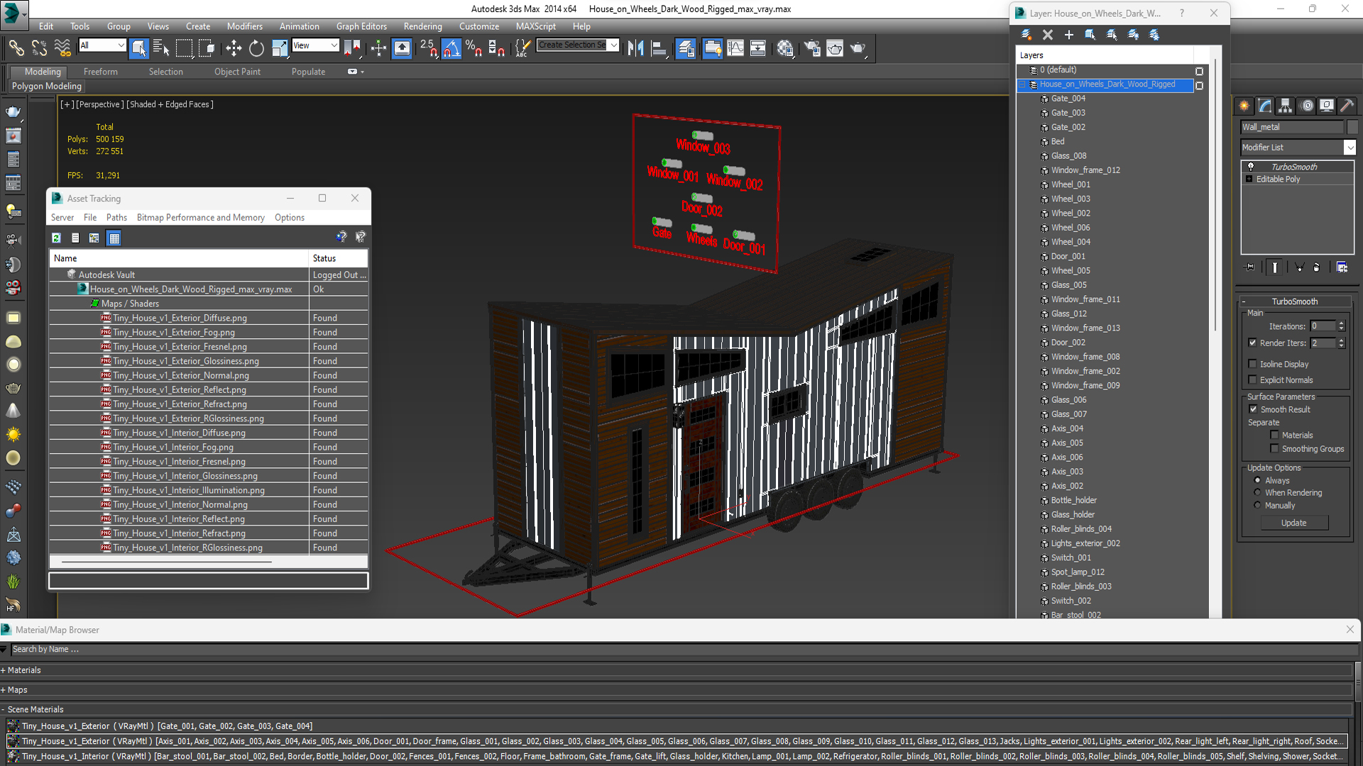 House on Wheels Dark Wood Rigged 3D