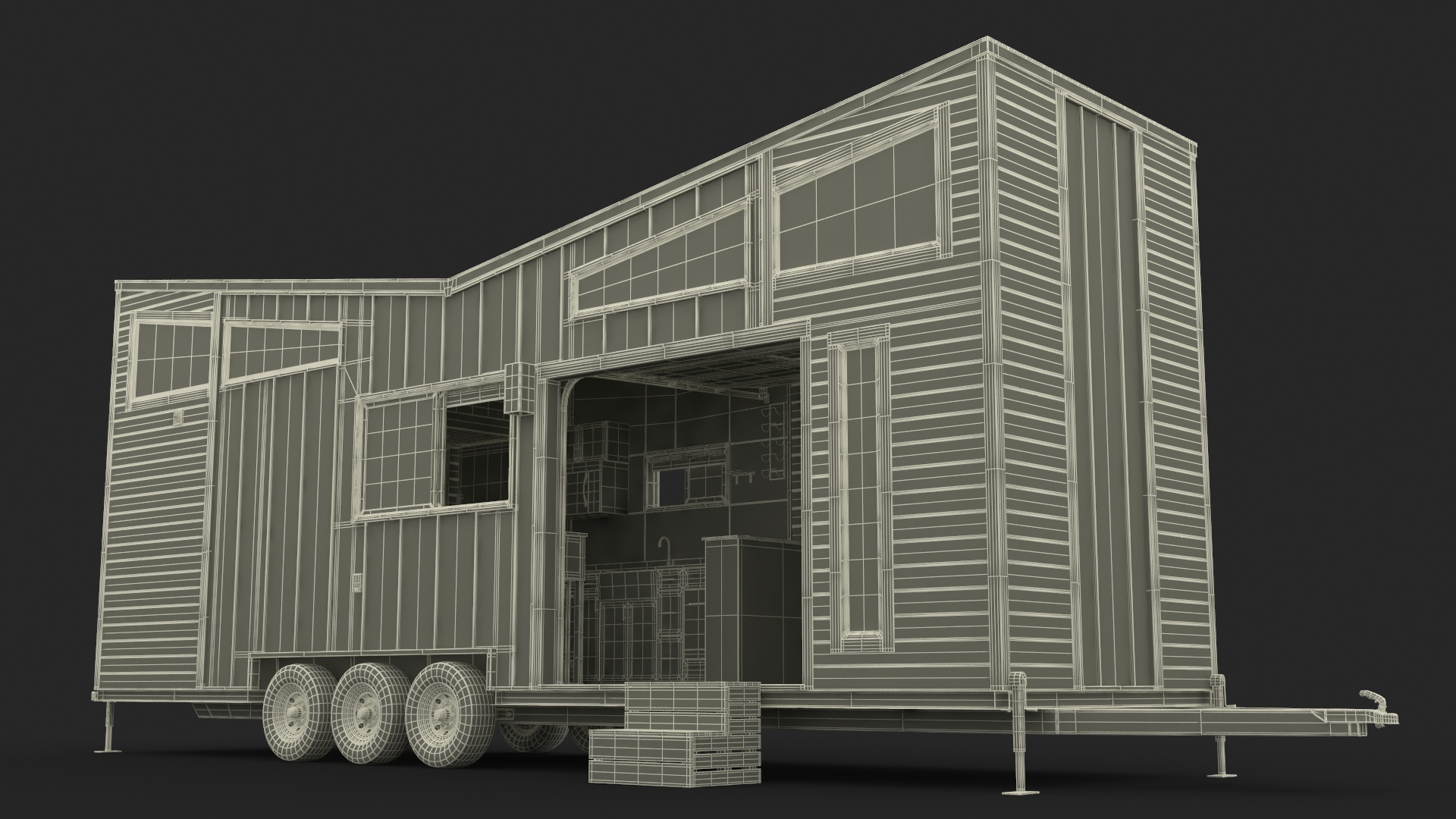 House on Wheels Dark Wood Rigged 3D