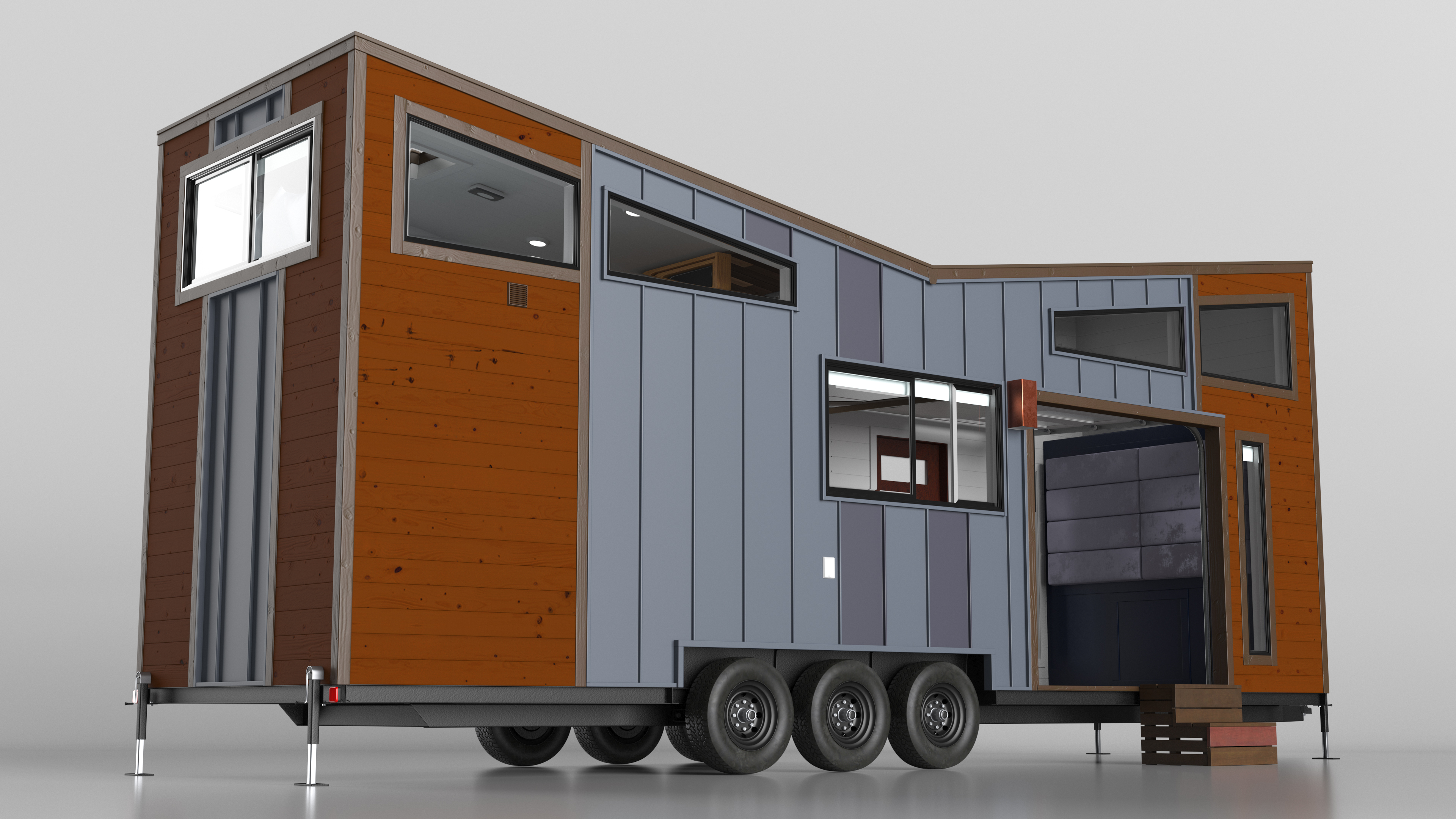 House on Wheels Dark Wood Rigged 3D