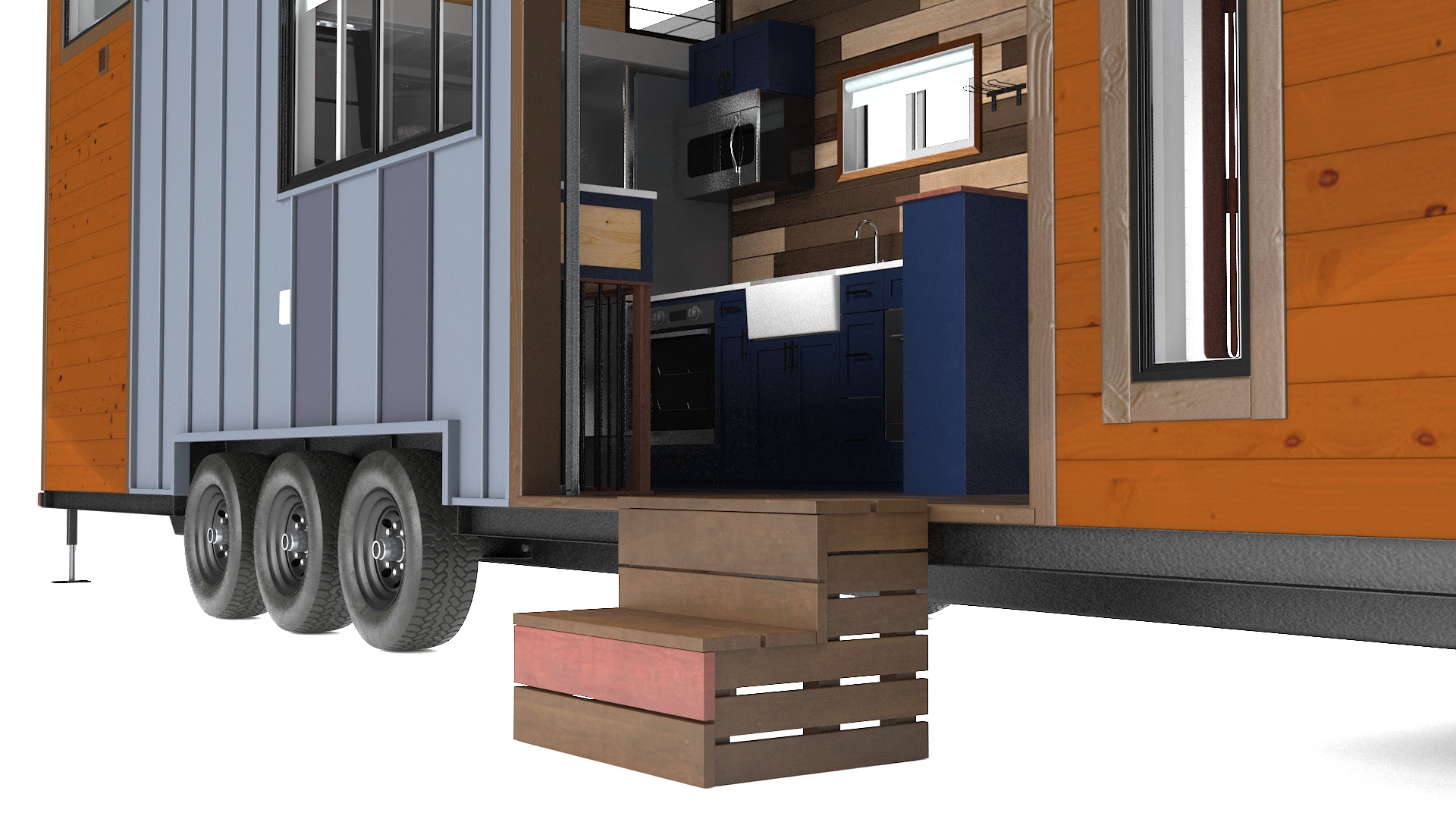House on Wheels Dark Wood Rigged 3D