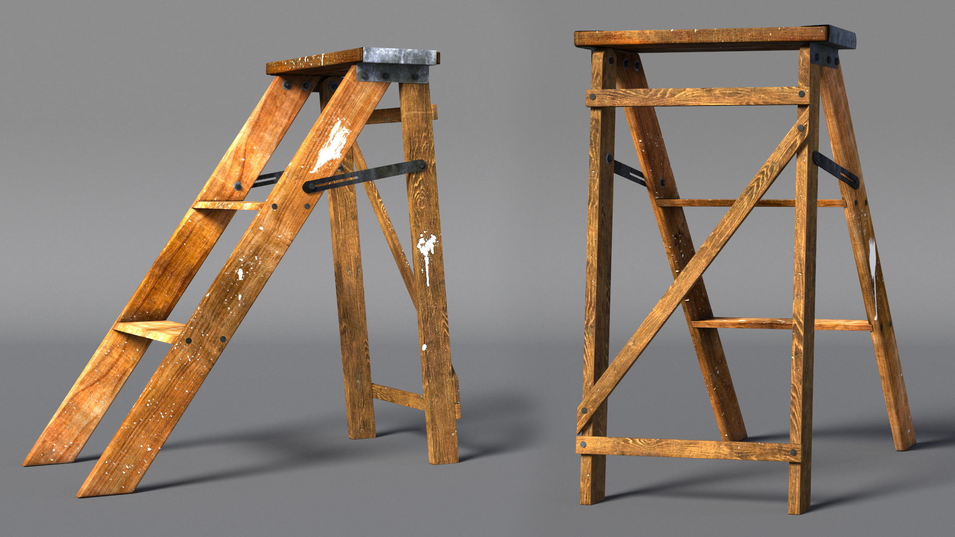 3D Old Wooden Stepladder