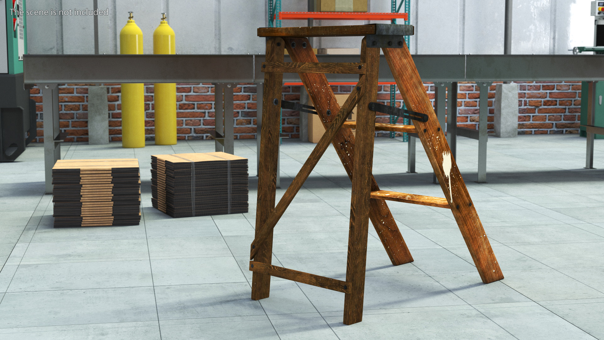 3D Old Wooden Stepladder