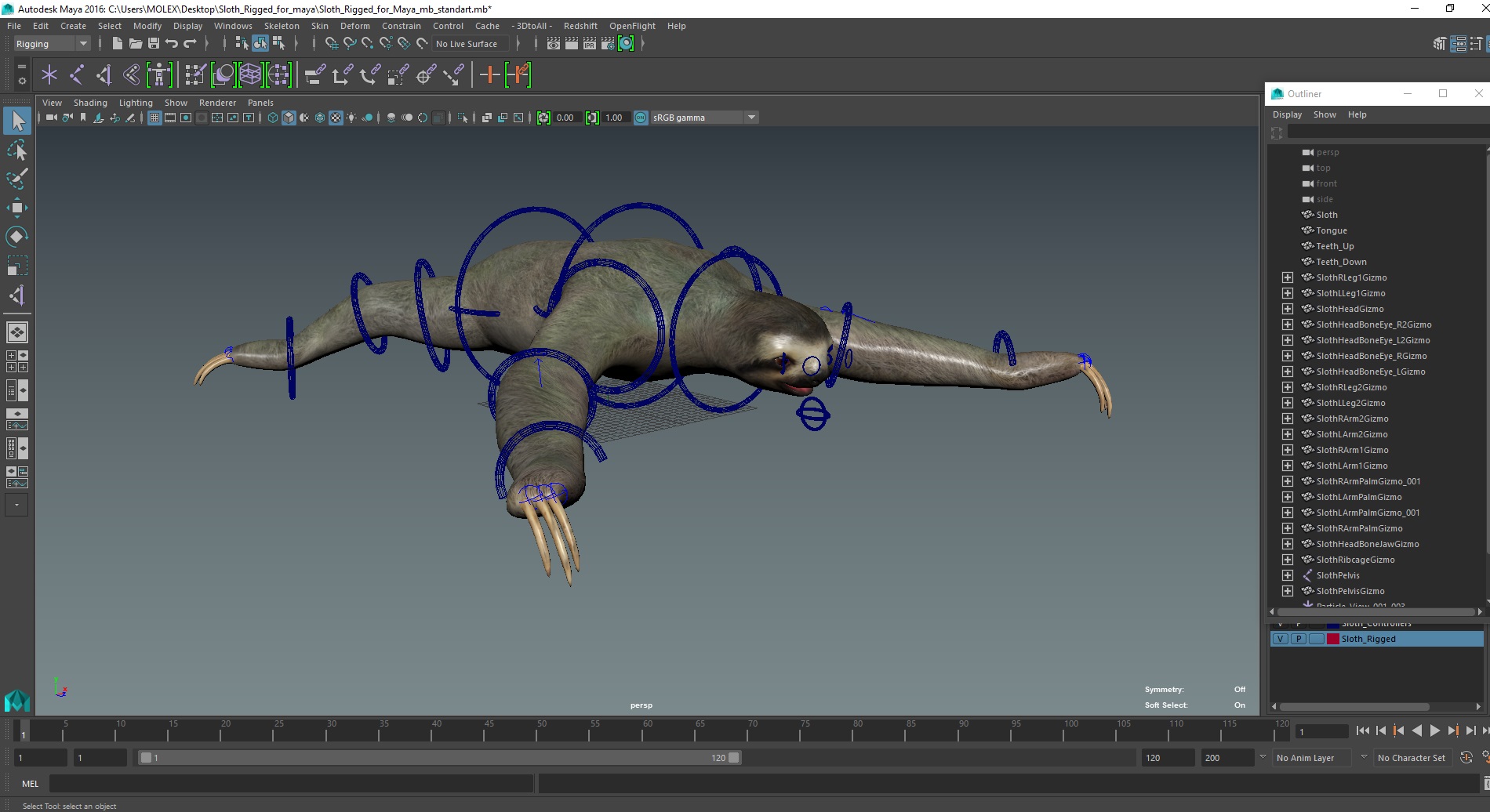 3D Sloth Rigged for Maya