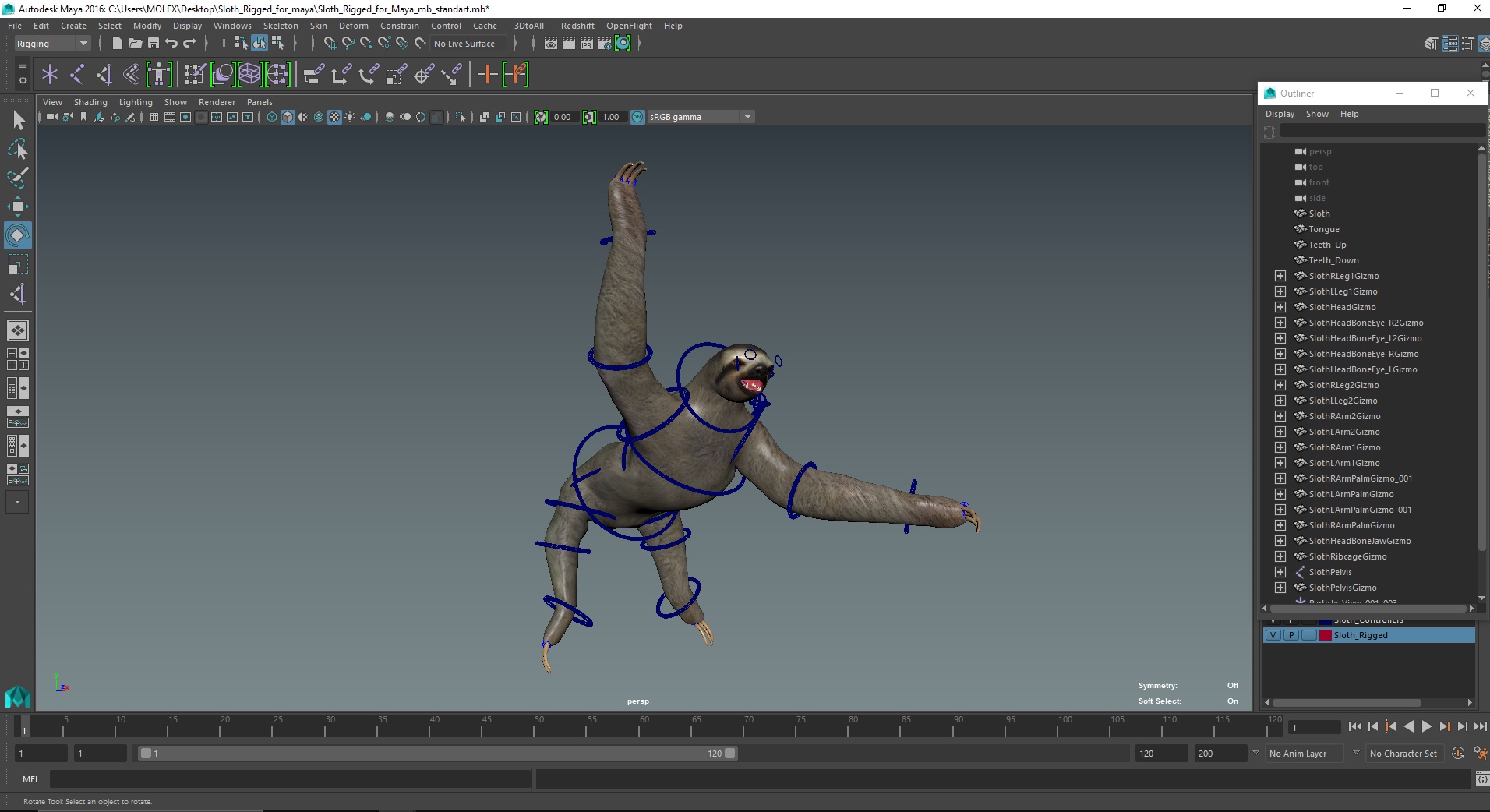 3D Sloth Rigged for Maya