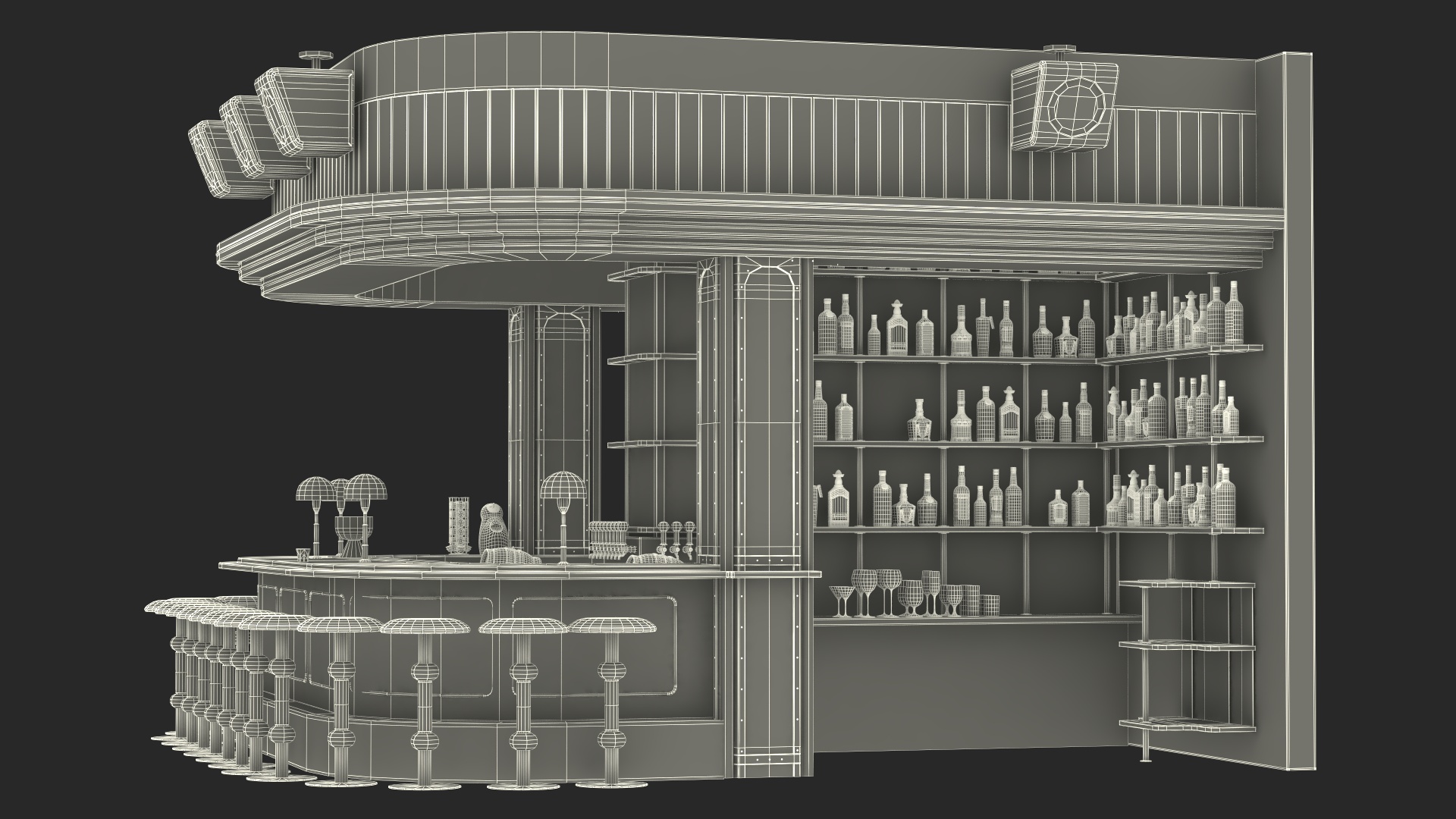 Circular Bar Counter with Stools and Shelves 3D model