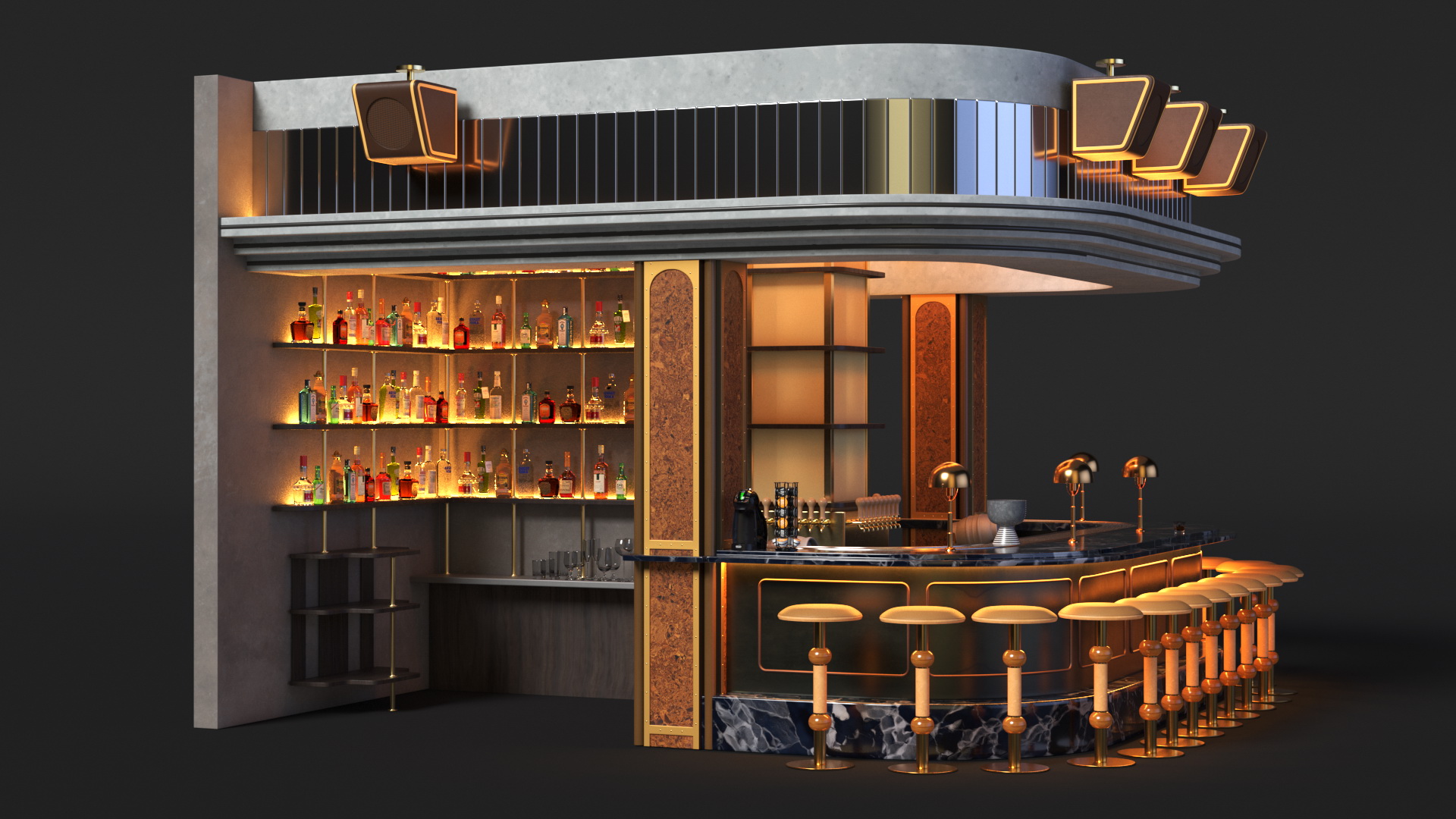 Circular Bar Counter with Stools and Shelves 3D model