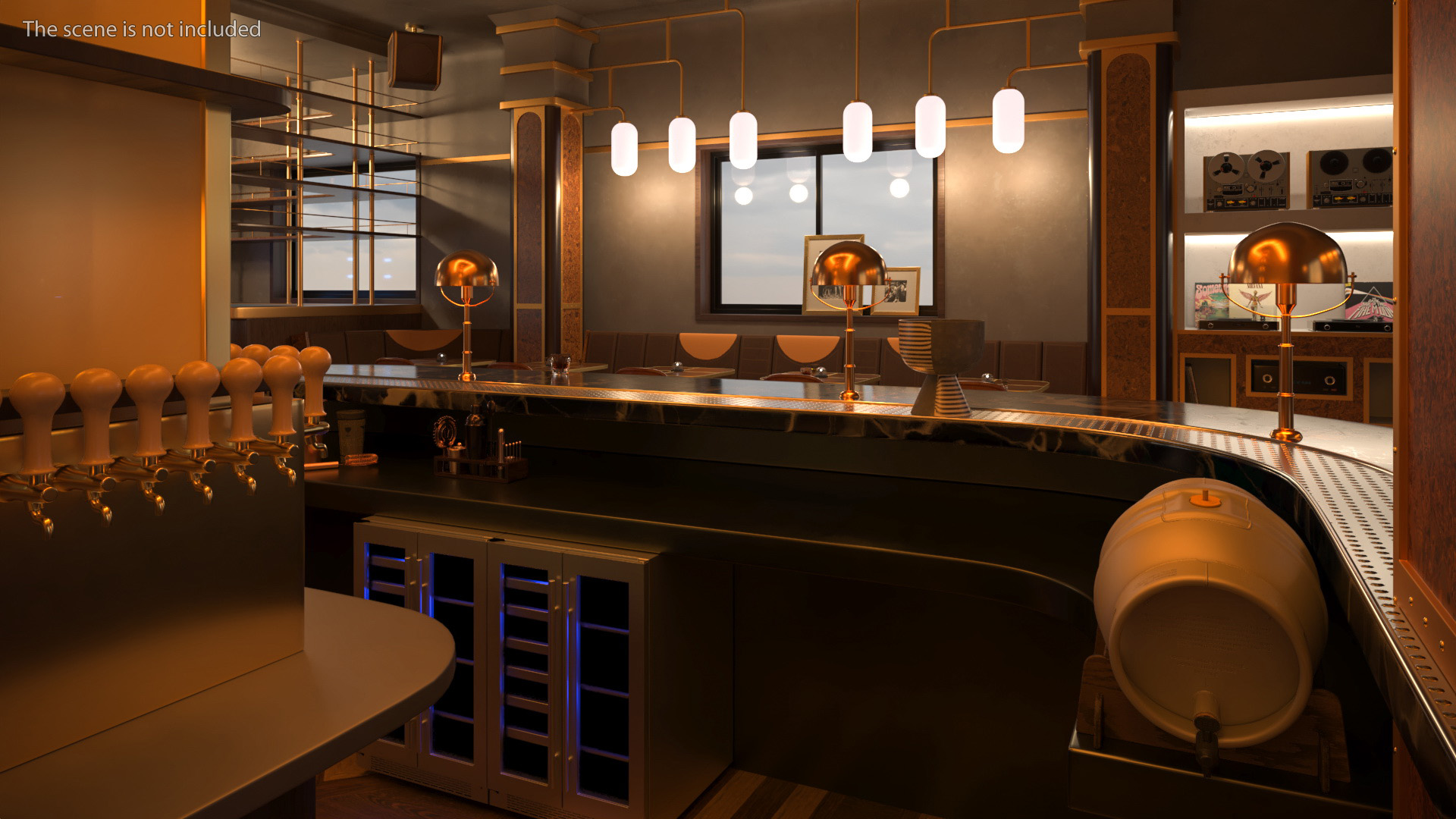 Circular Bar Counter with Stools and Shelves 3D model