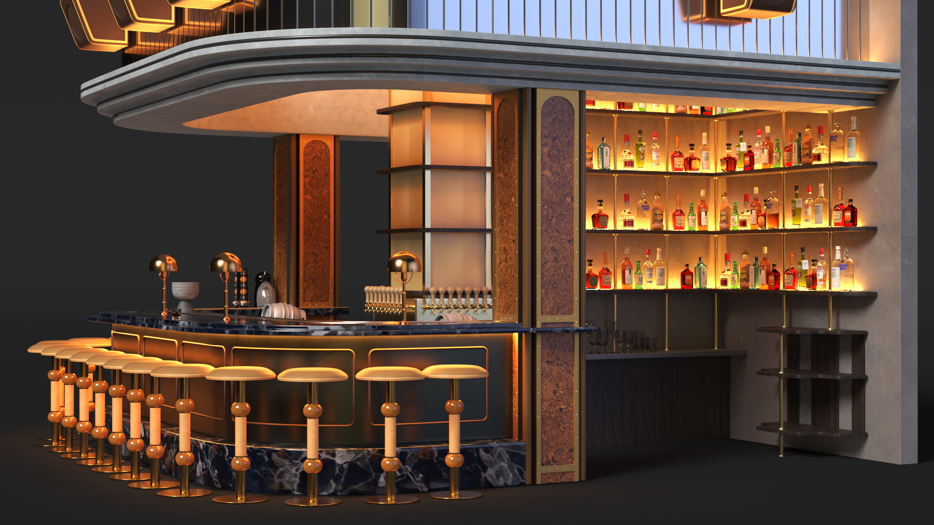 Circular Bar Counter with Stools and Shelves 3D model