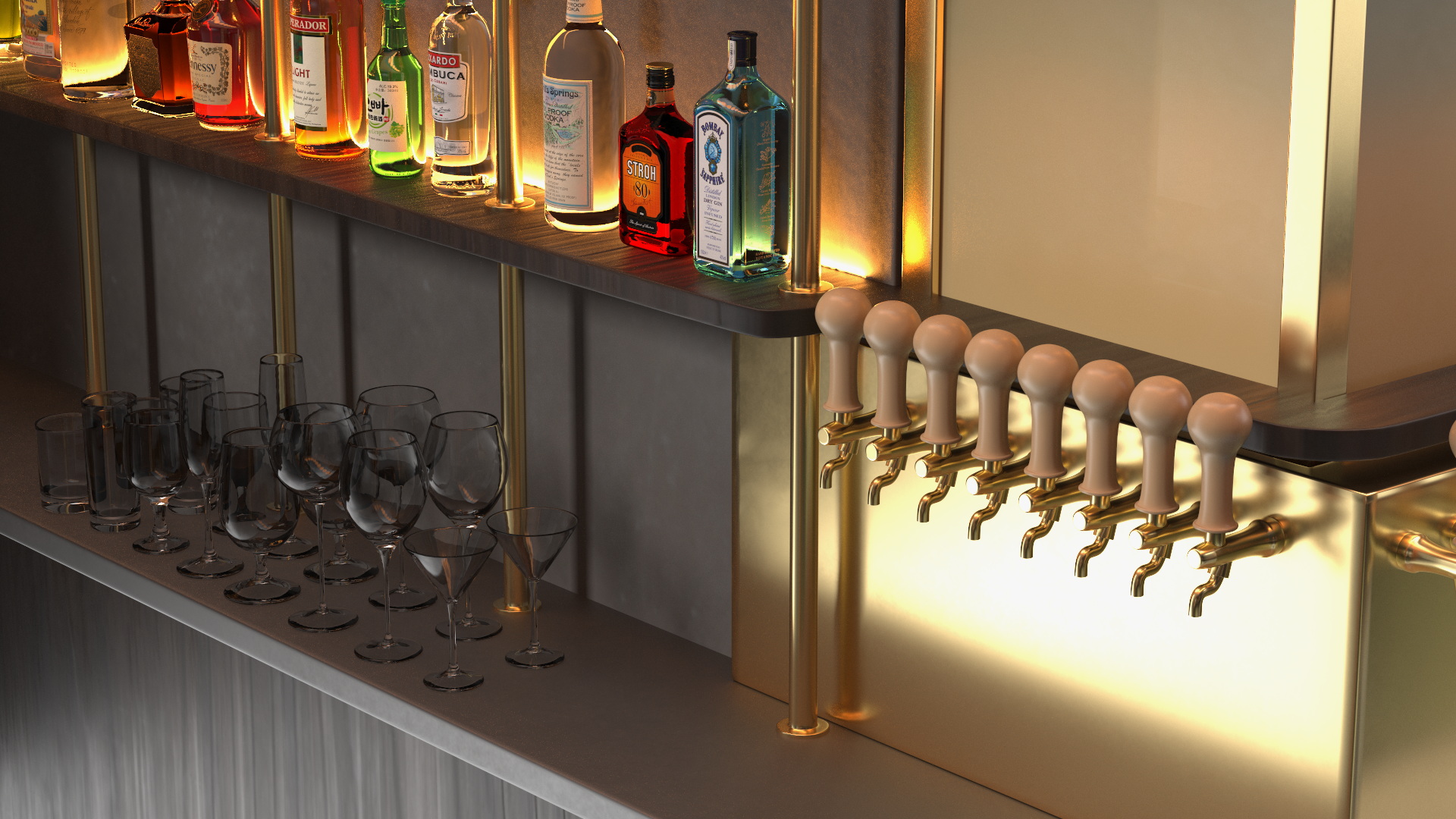 Circular Bar Counter with Stools and Shelves 3D model