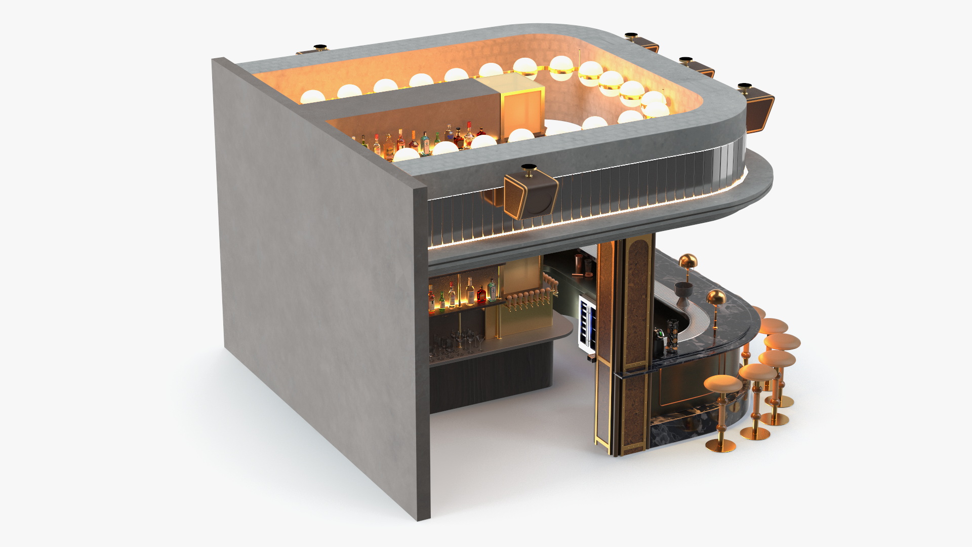 Circular Bar Counter with Stools and Shelves 3D model