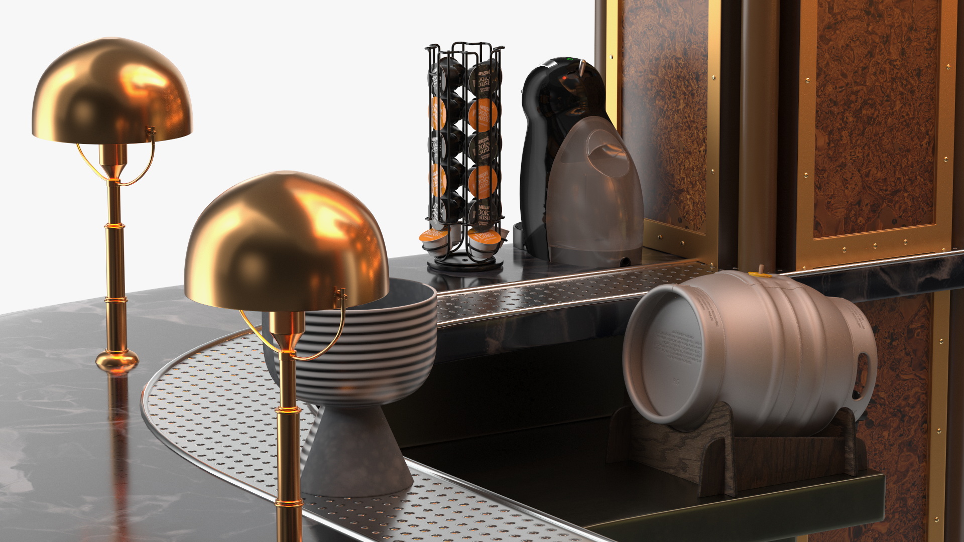 Circular Bar Counter with Stools and Shelves 3D model