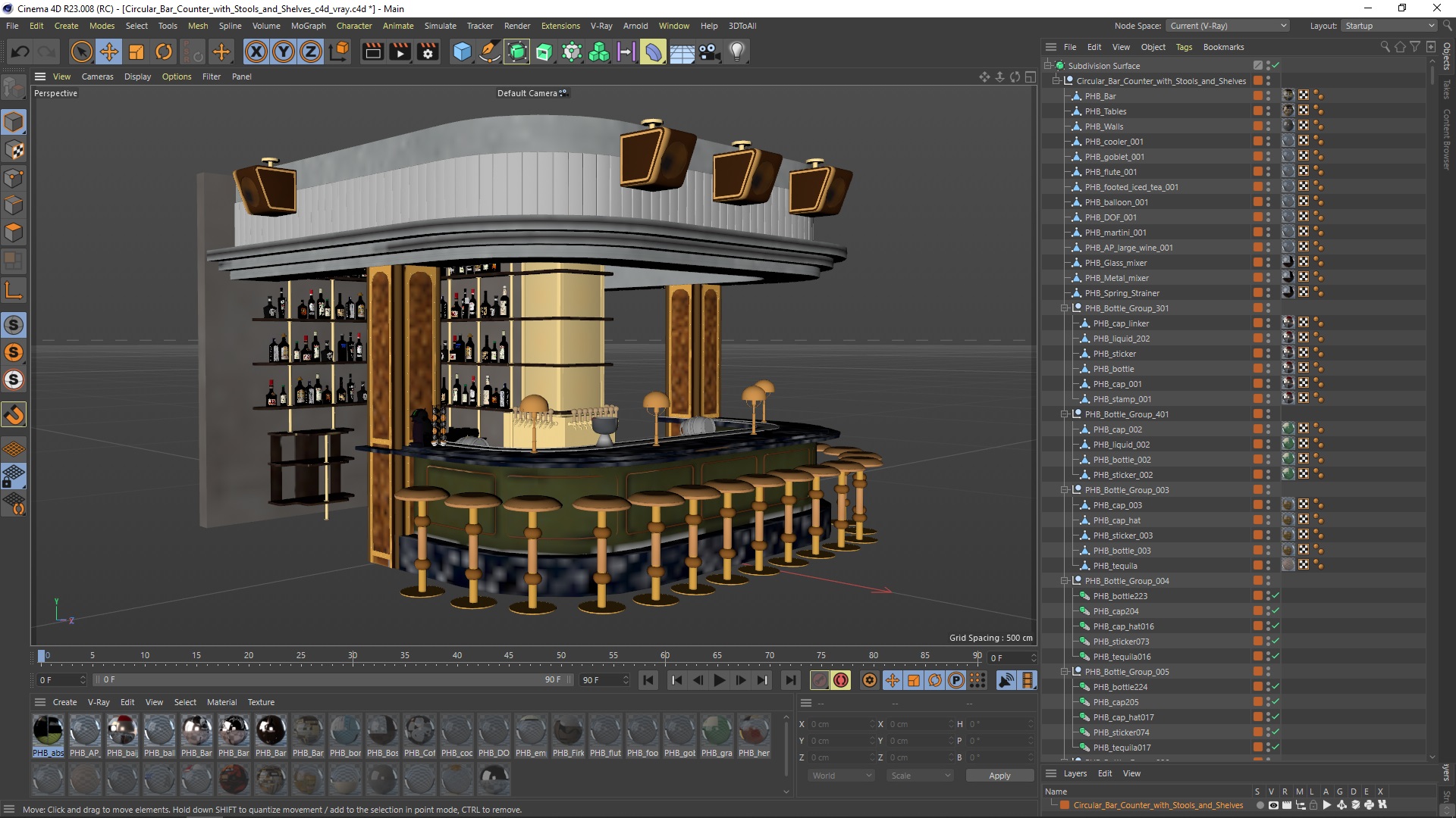 Circular Bar Counter with Stools and Shelves 3D model