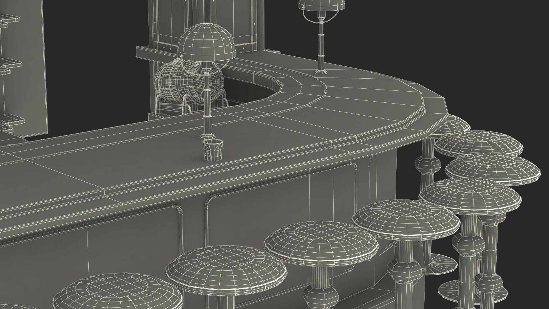 Circular Bar Counter with Stools and Shelves 3D model