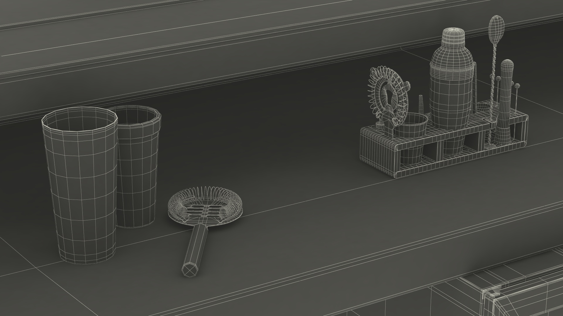 Circular Bar Counter with Stools and Shelves 3D model