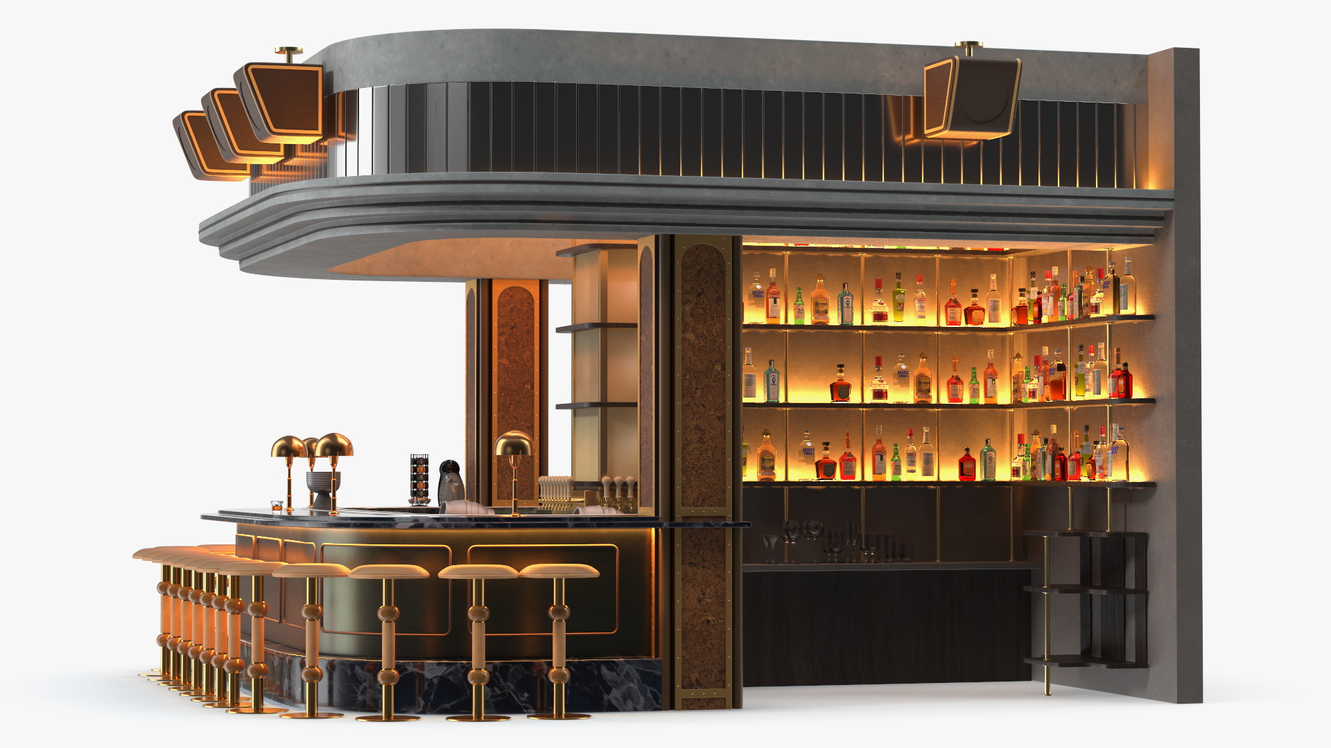 Circular Bar Counter with Stools and Shelves 3D model