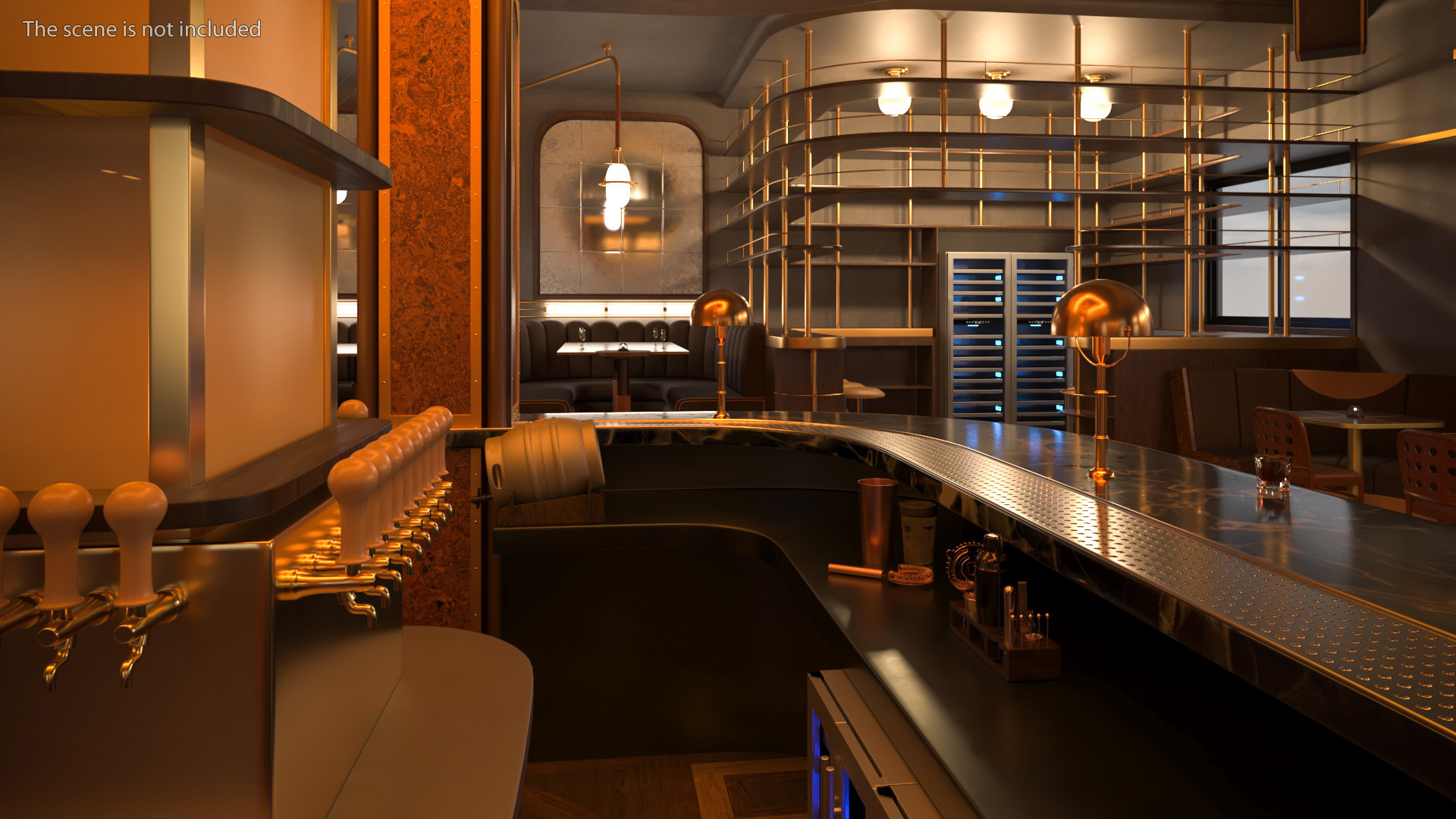 Circular Bar Counter with Stools and Shelves 3D model