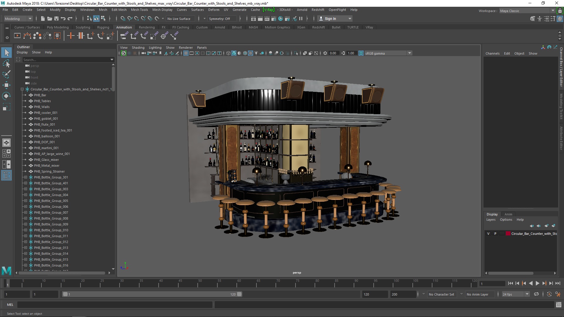 Circular Bar Counter with Stools and Shelves 3D model