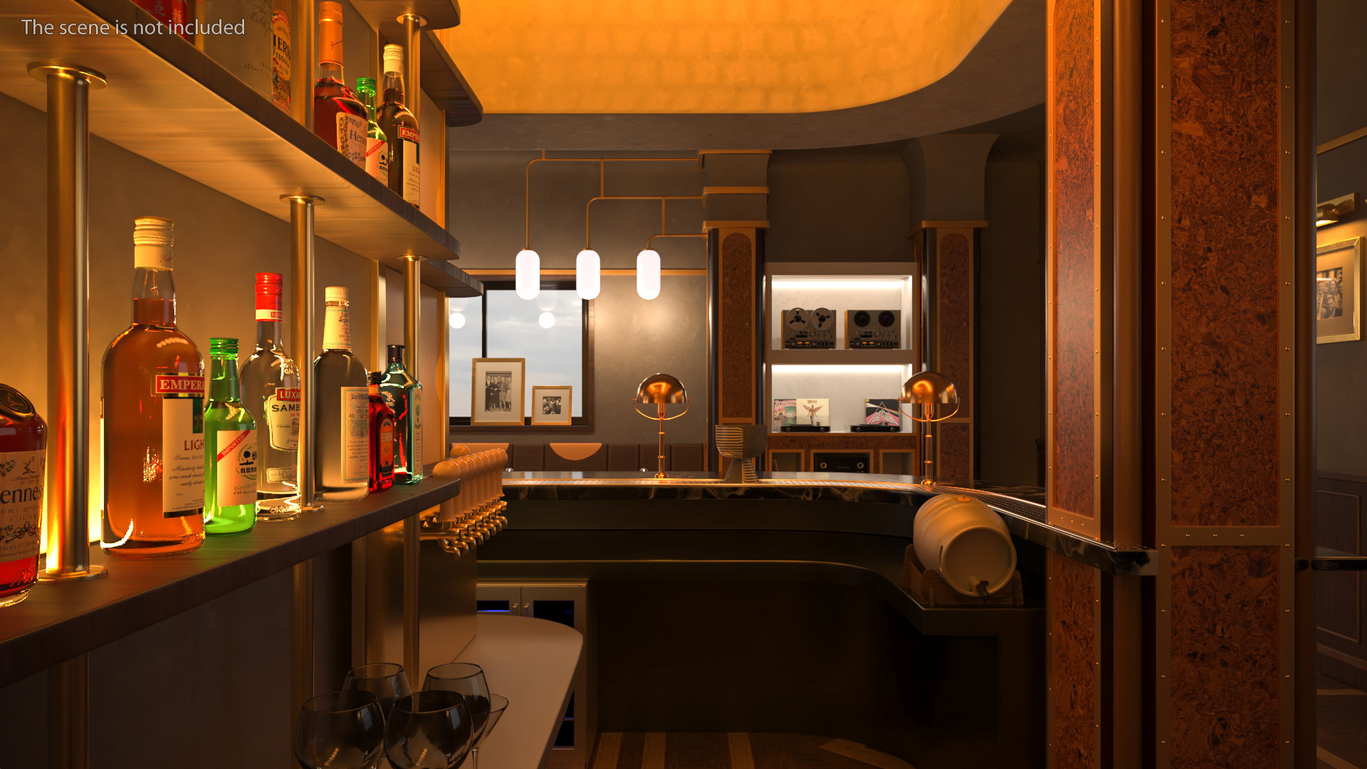 Circular Bar Counter with Stools and Shelves 3D model