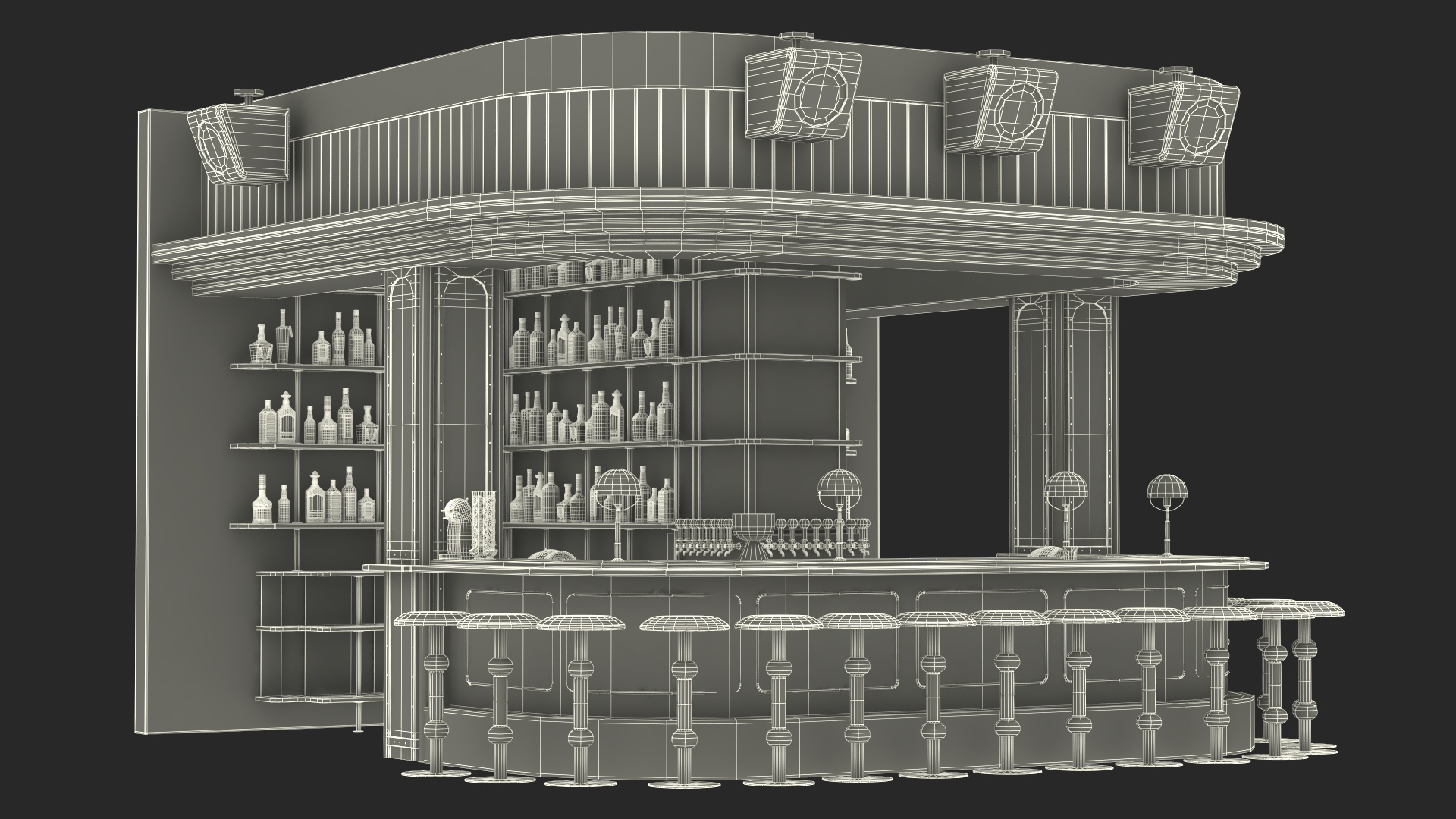 Circular Bar Counter with Stools and Shelves 3D model