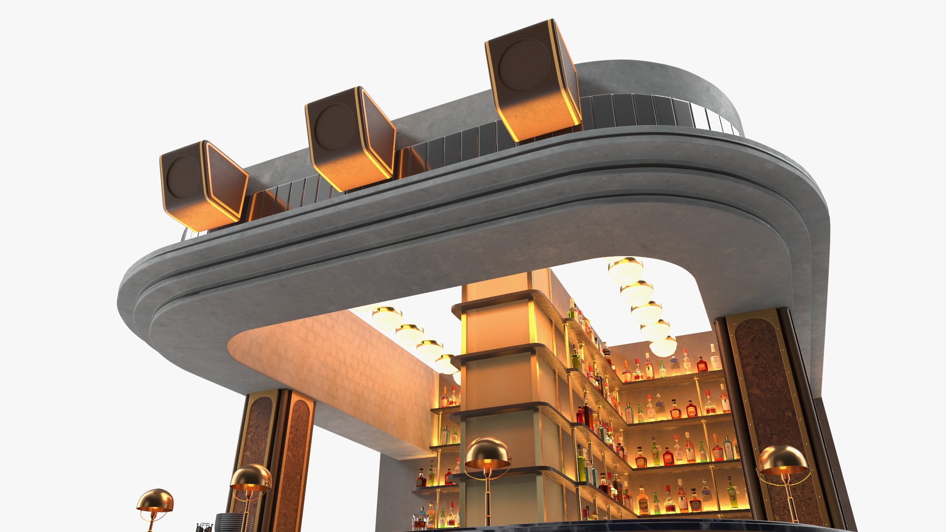 Circular Bar Counter with Stools and Shelves 3D model