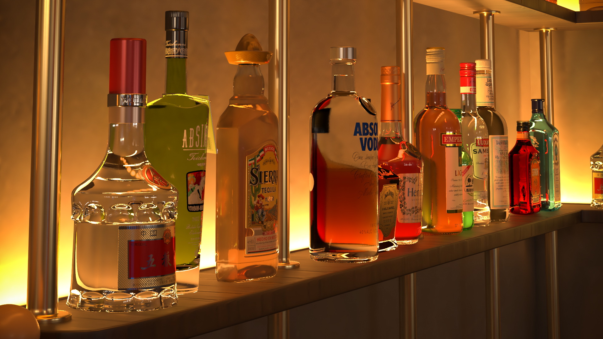 Circular Bar Counter with Stools and Shelves 3D model
