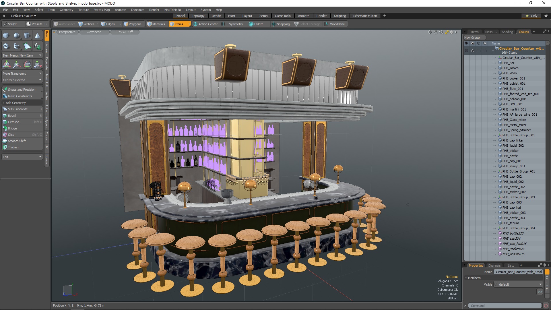 Circular Bar Counter with Stools and Shelves 3D model